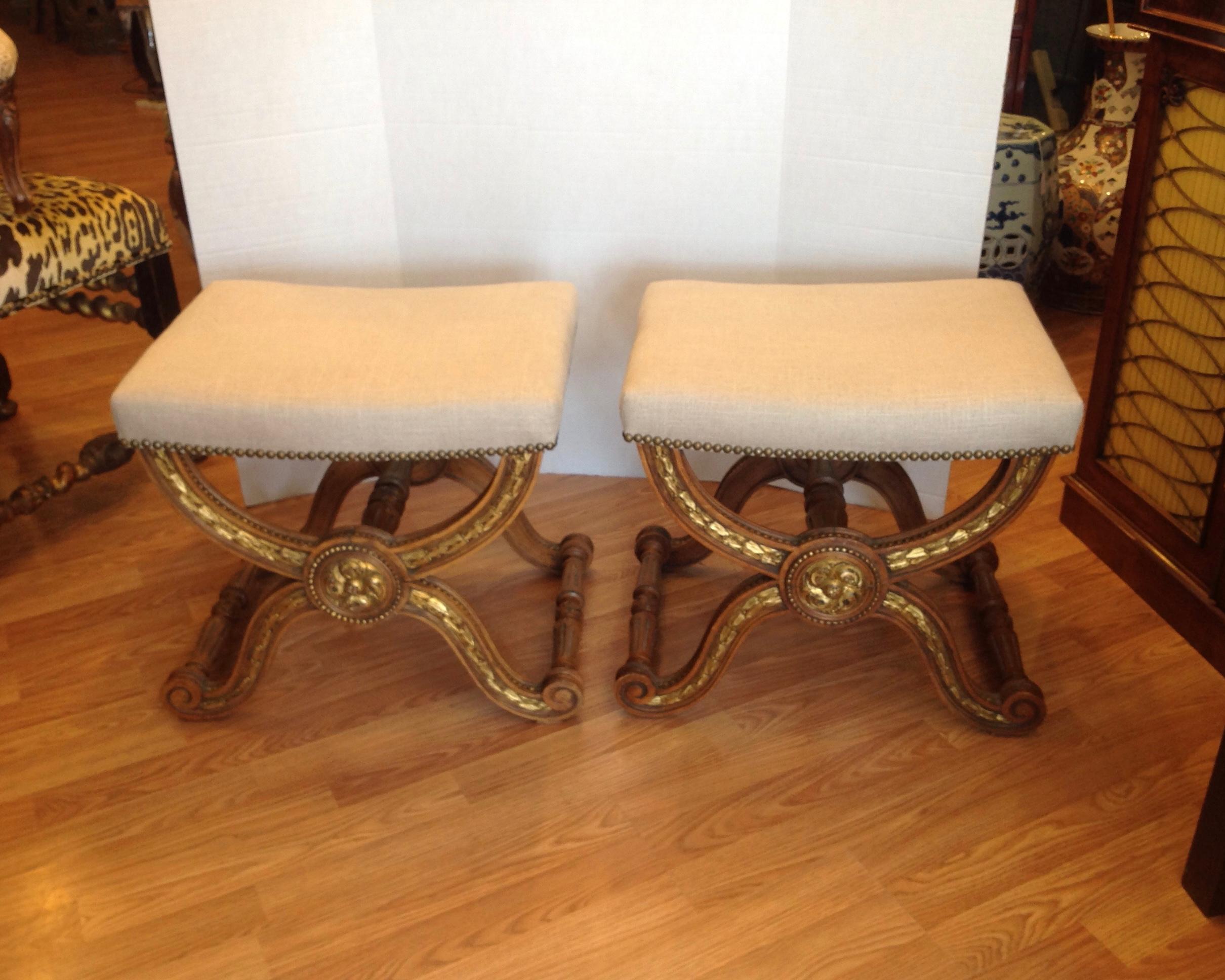 Beautifully carved walnut with florals and nail head accented upholstery - fine all over foliate carving.