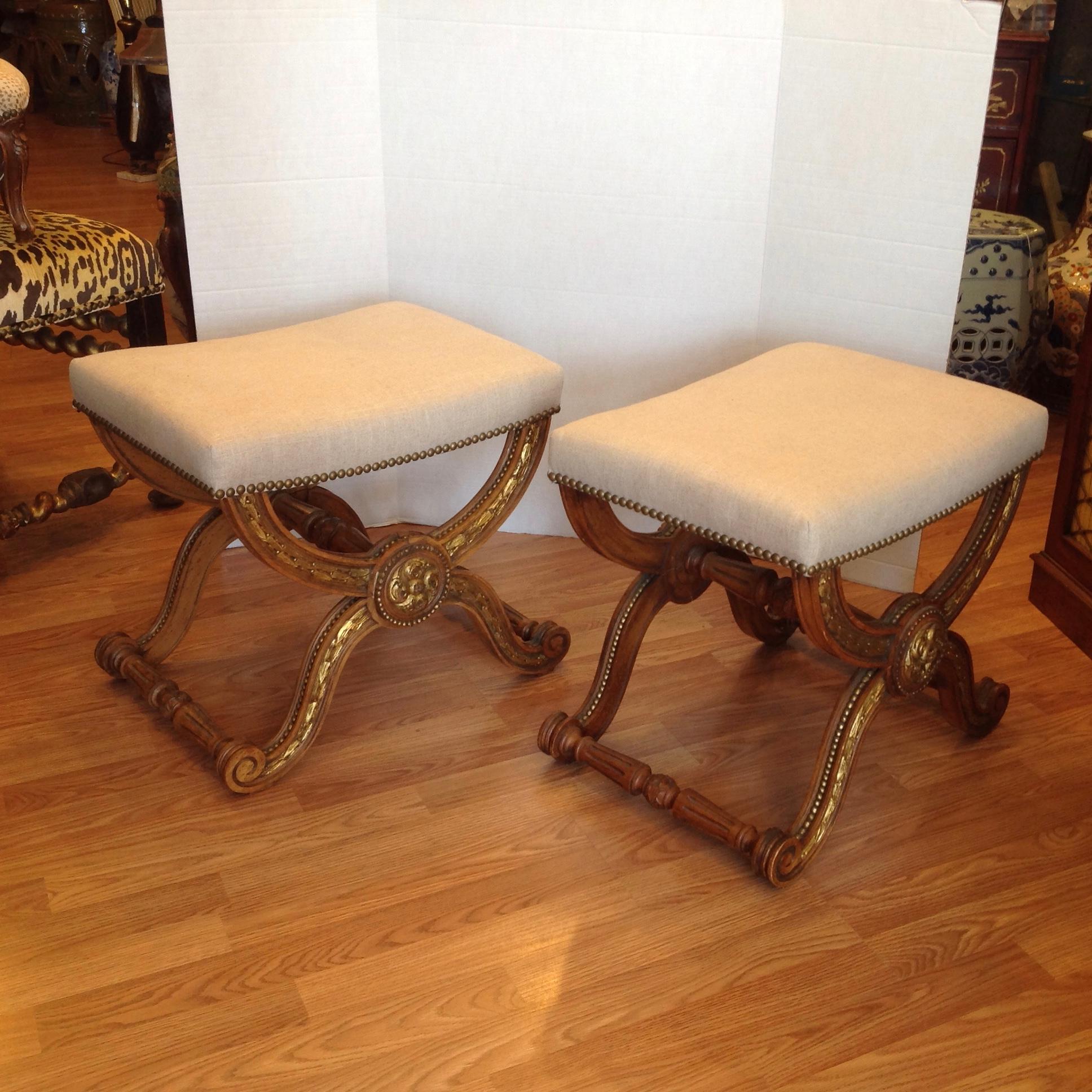 Upholstery Pair of Italian Parcel-Gilt Benches