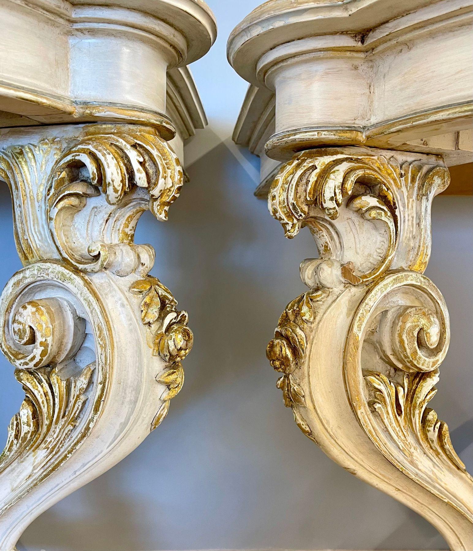 Pair of Italian Parcel Paint and Gilt Decorated Faux Marble-Top Console Tables For Sale 8