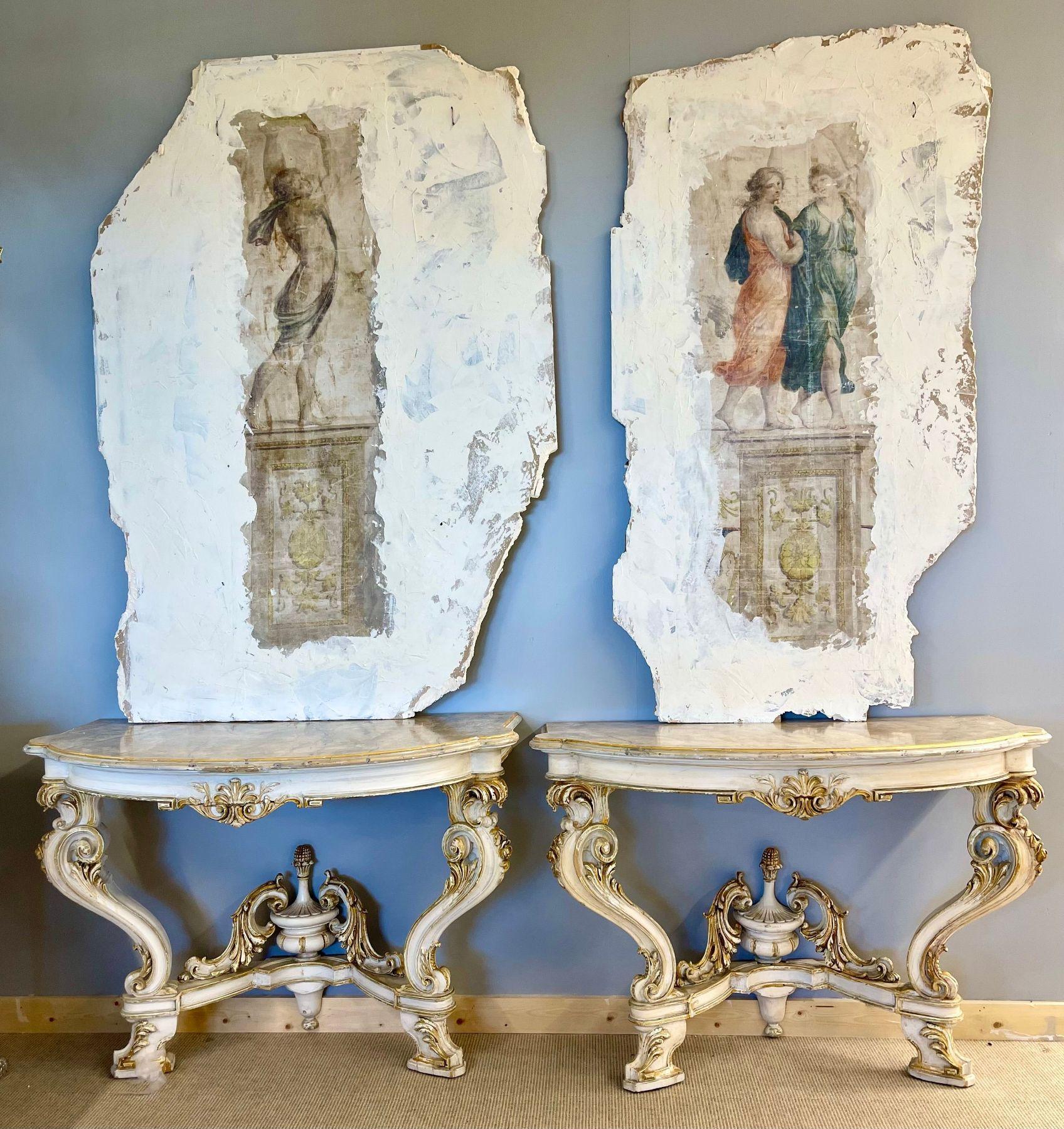 Pair of Italian Parcel Paint and Gilt Decorated Faux Marble-Top Console Tables For Sale 10
