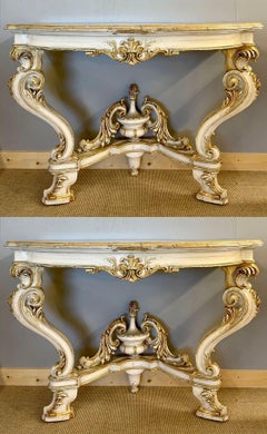 Pair of Italian Parcel Paint and Gilt Decorated Faux Marble-Top Console Tables