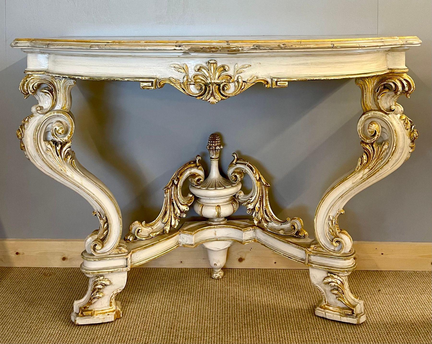Louis XV Pair of Italian Parcel Paint and Gilt Decorated Faux Marble-Top Console Tables For Sale