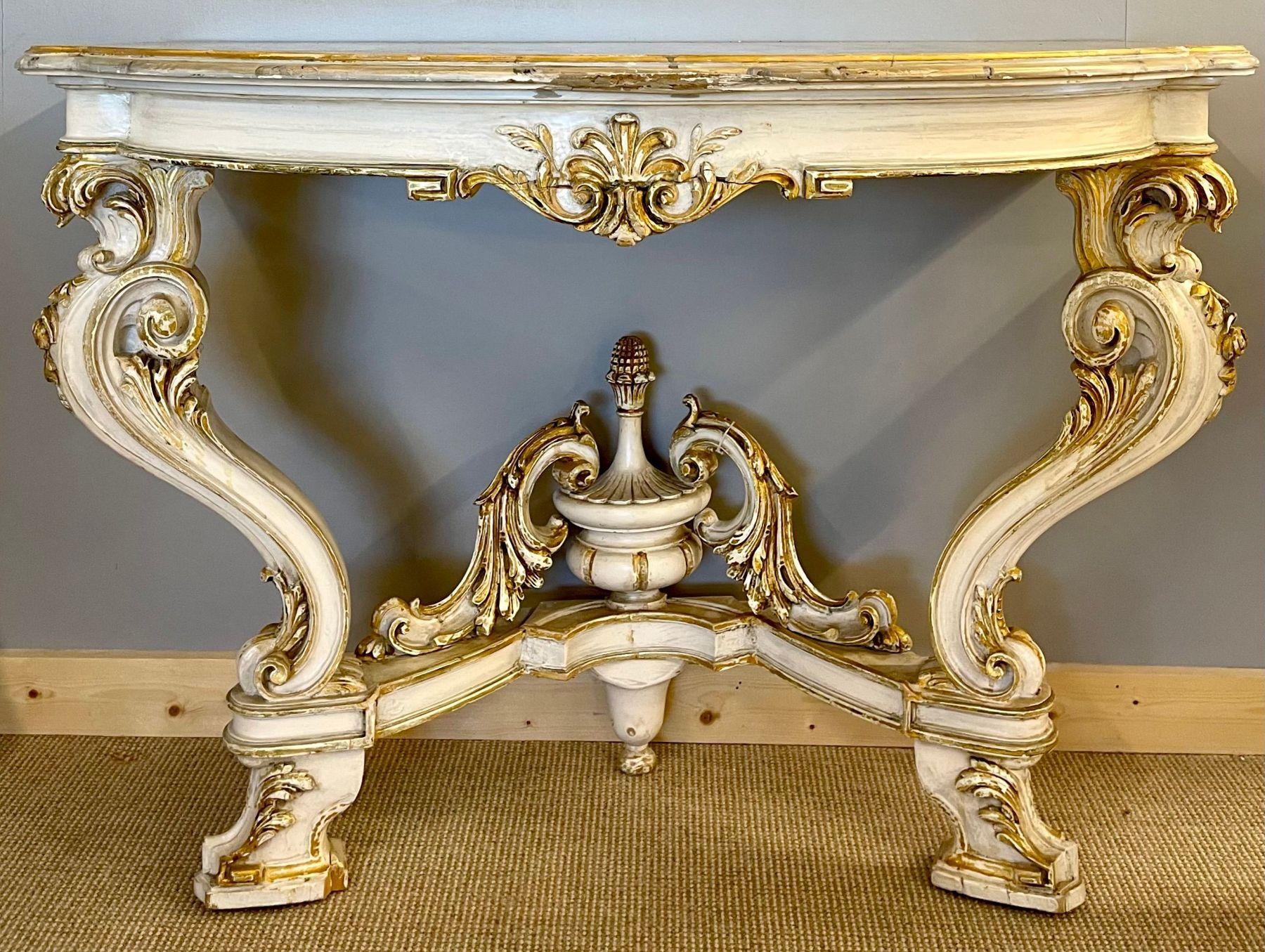 Pair of Italian Parcel Paint and Gilt Decorated Faux Marble-Top Console Tables In Good Condition For Sale In Stamford, CT