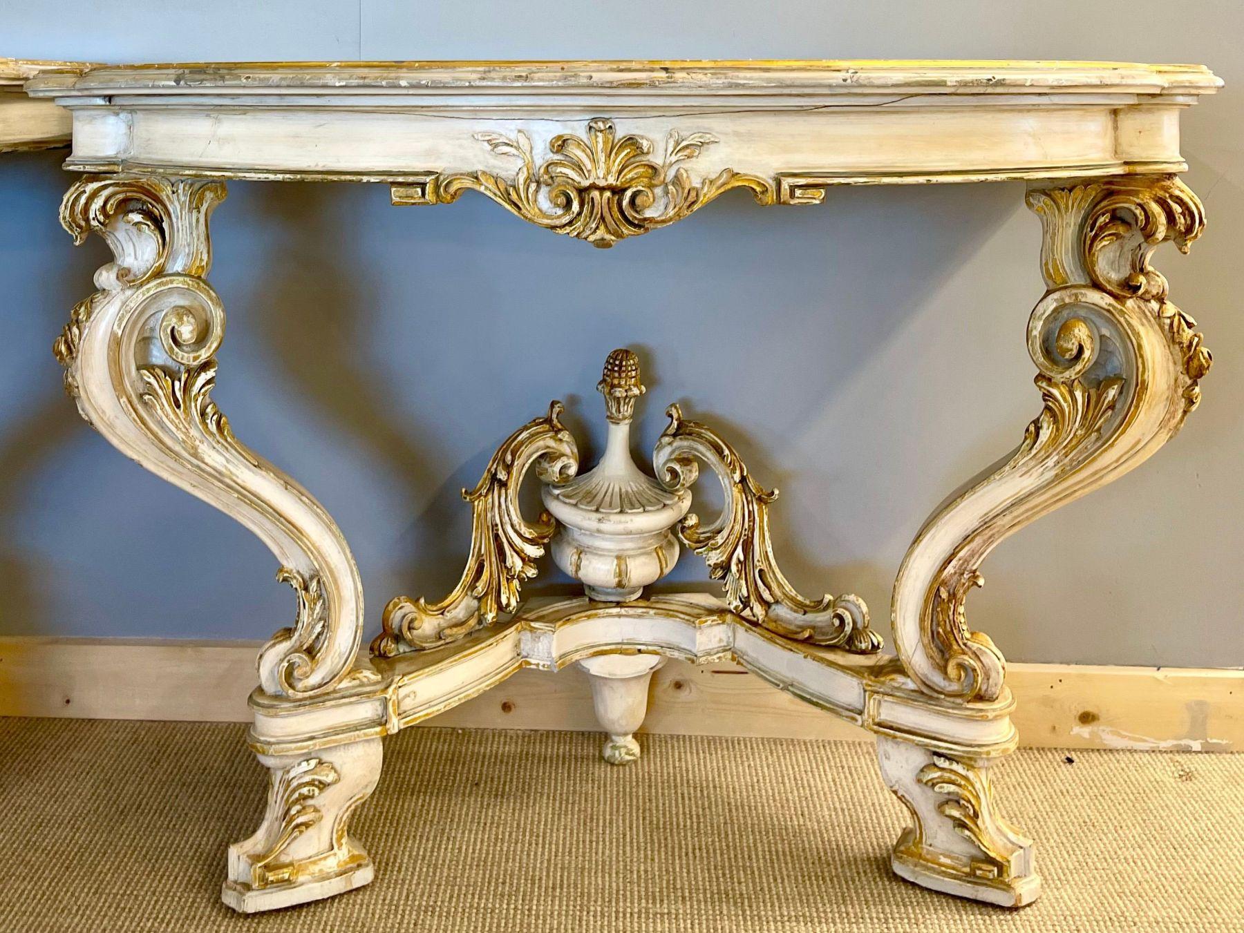 20th Century Pair of Italian Parcel Paint and Gilt Decorated Faux Marble-Top Console Tables For Sale