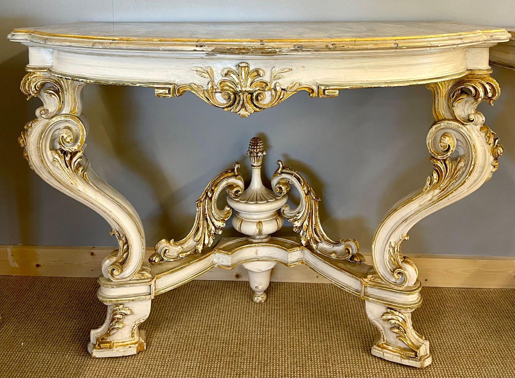 Wood Pair of Italian Parcel Paint and Gilt Decorated Faux Marble-Top Console Tables For Sale