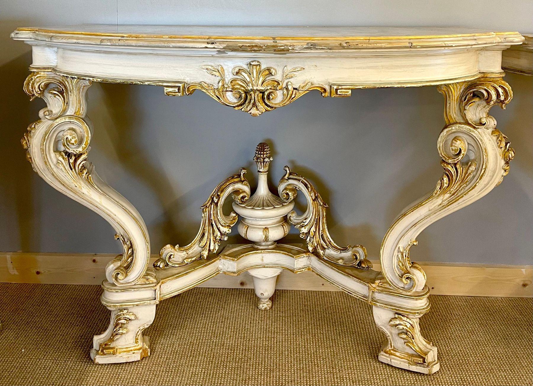 Pair of Italian Parcel Paint and Gilt Decorated Faux Marble-Top Console Tables For Sale 1