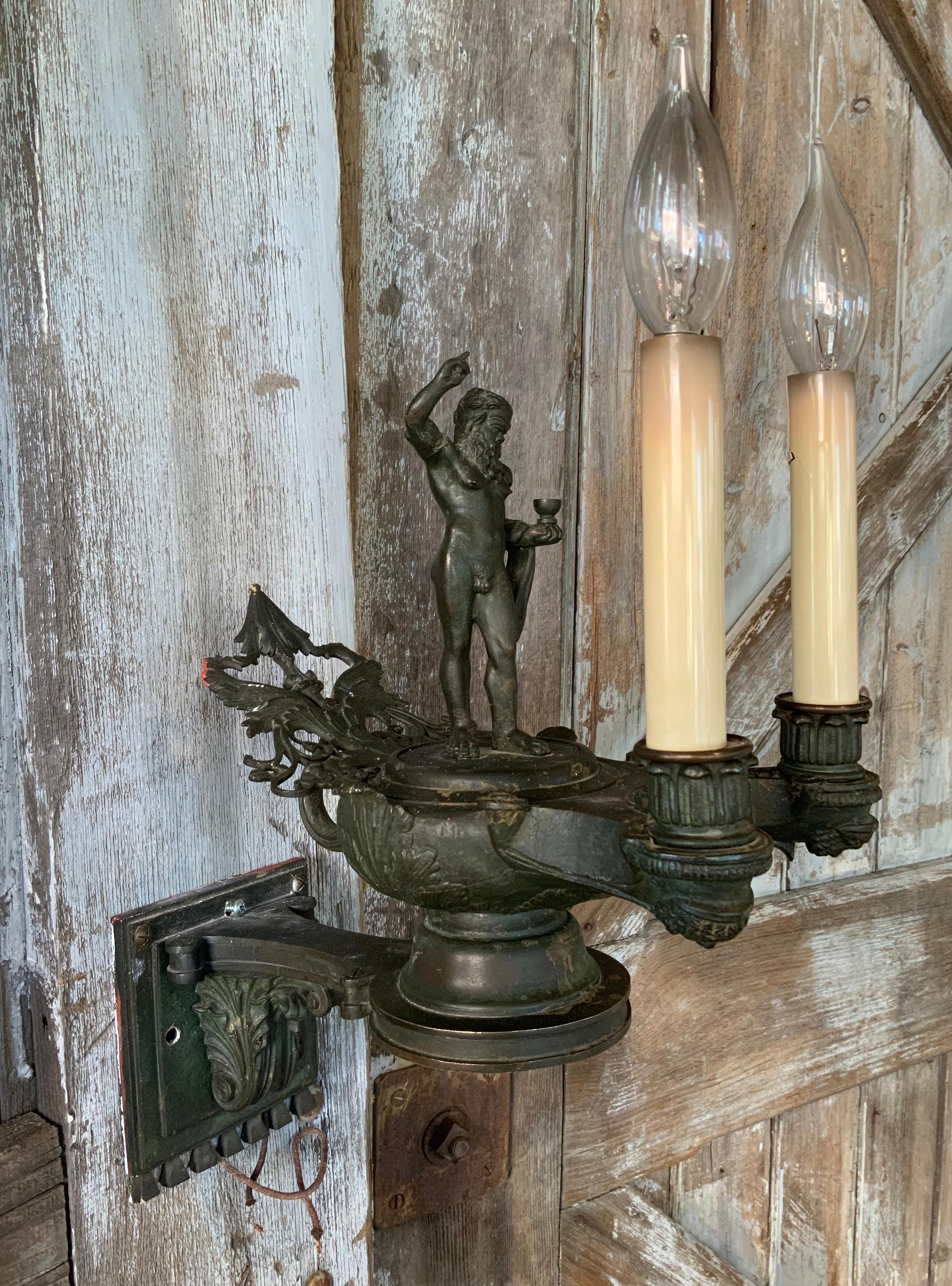 Pair of Italian Patinated Bronze Bacchus Lighted Wall Sconces In Good Condition In Hudson, NY