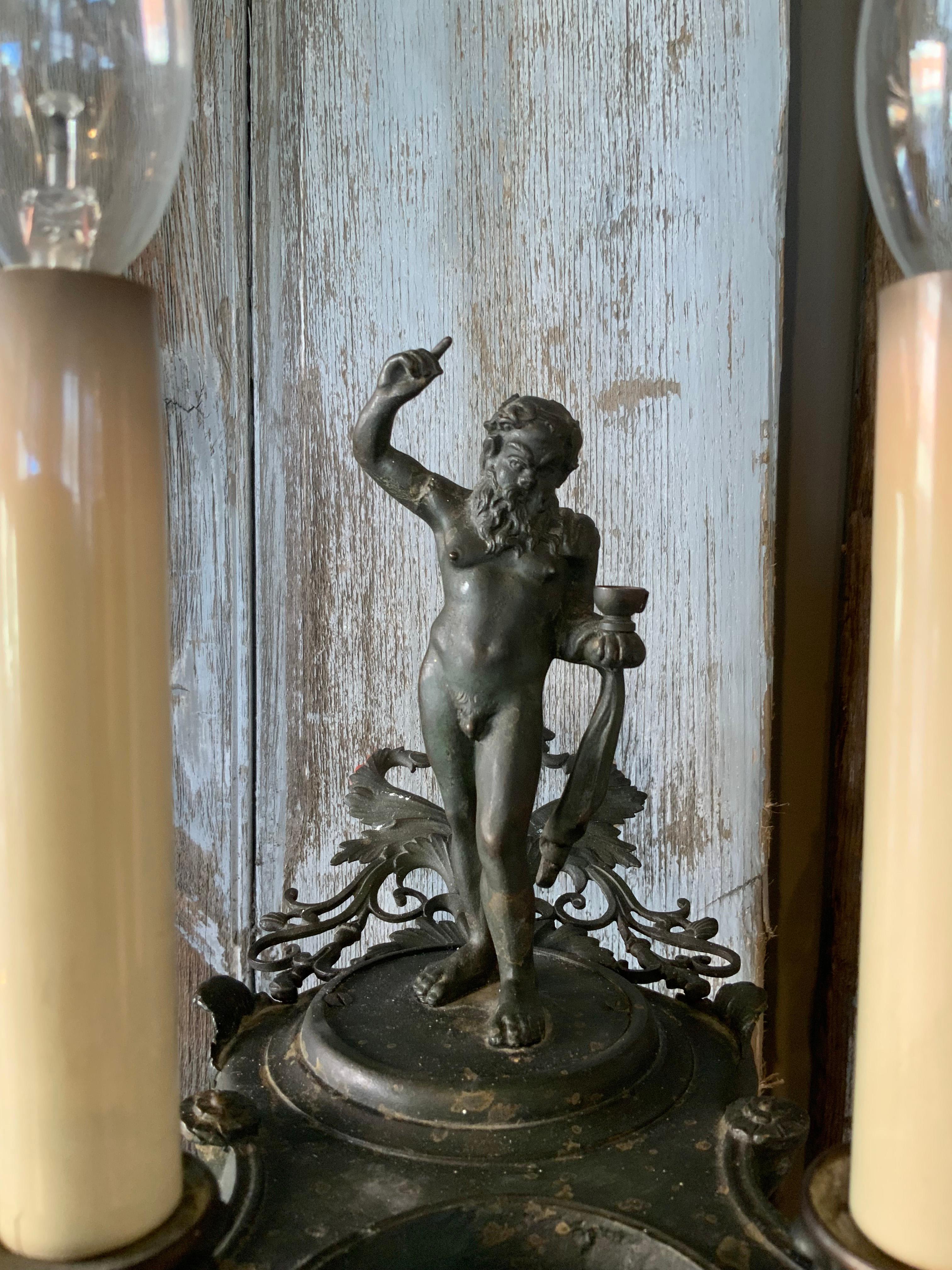 Early 20th Century Pair of Italian Patinated Bronze Bacchus Lighted Wall Sconces