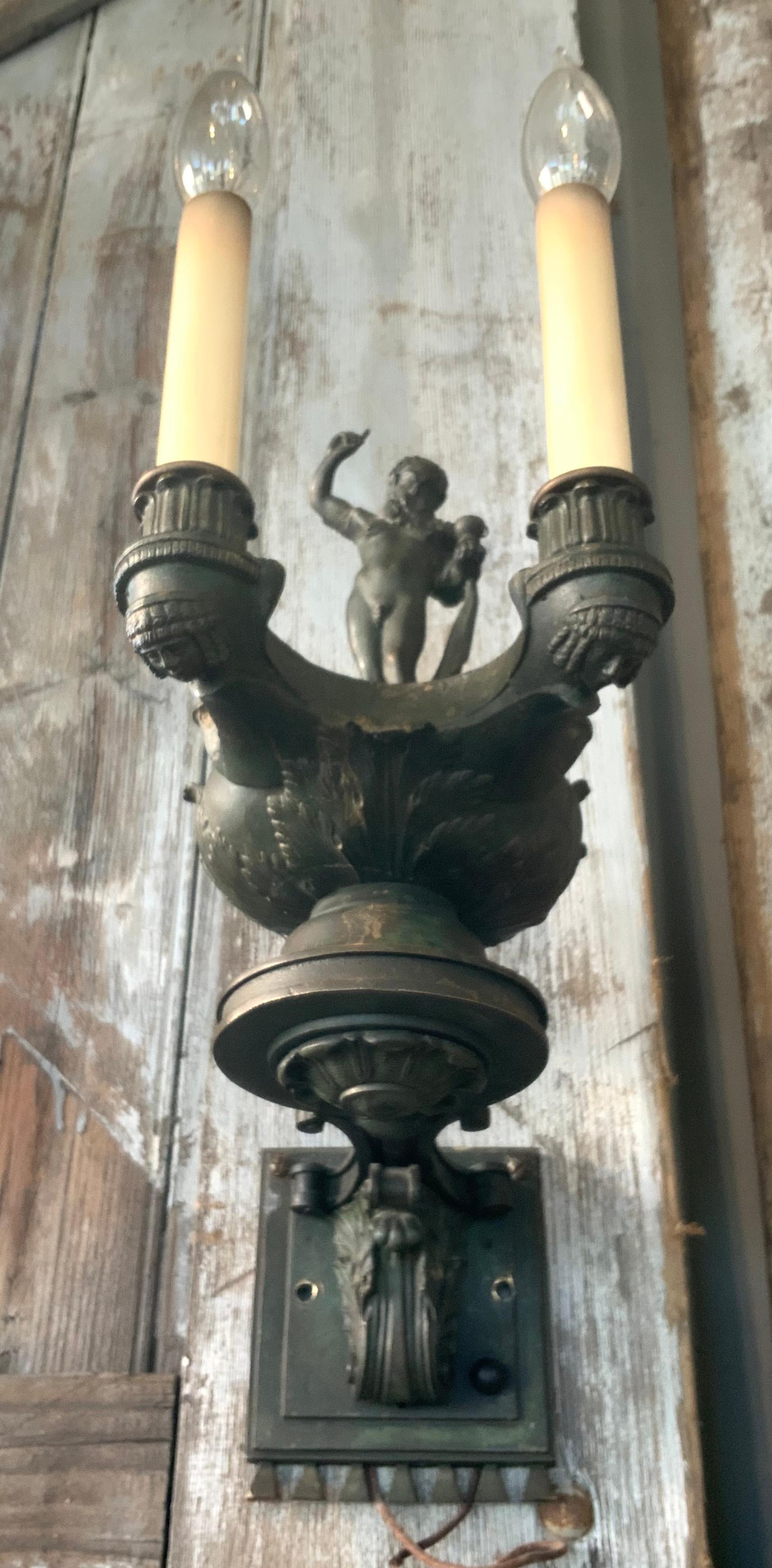 Pair of Italian Patinated Bronze Bacchus Lighted Wall Sconces 2