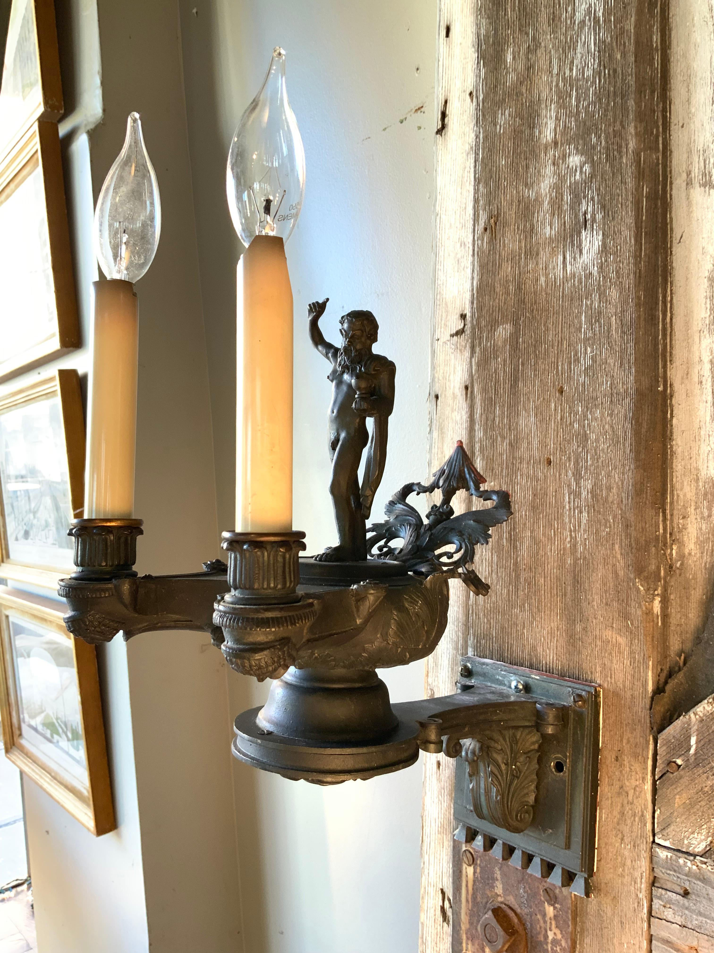 Pair of Italian Patinated Bronze Bacchus Lighted Wall Sconces 4