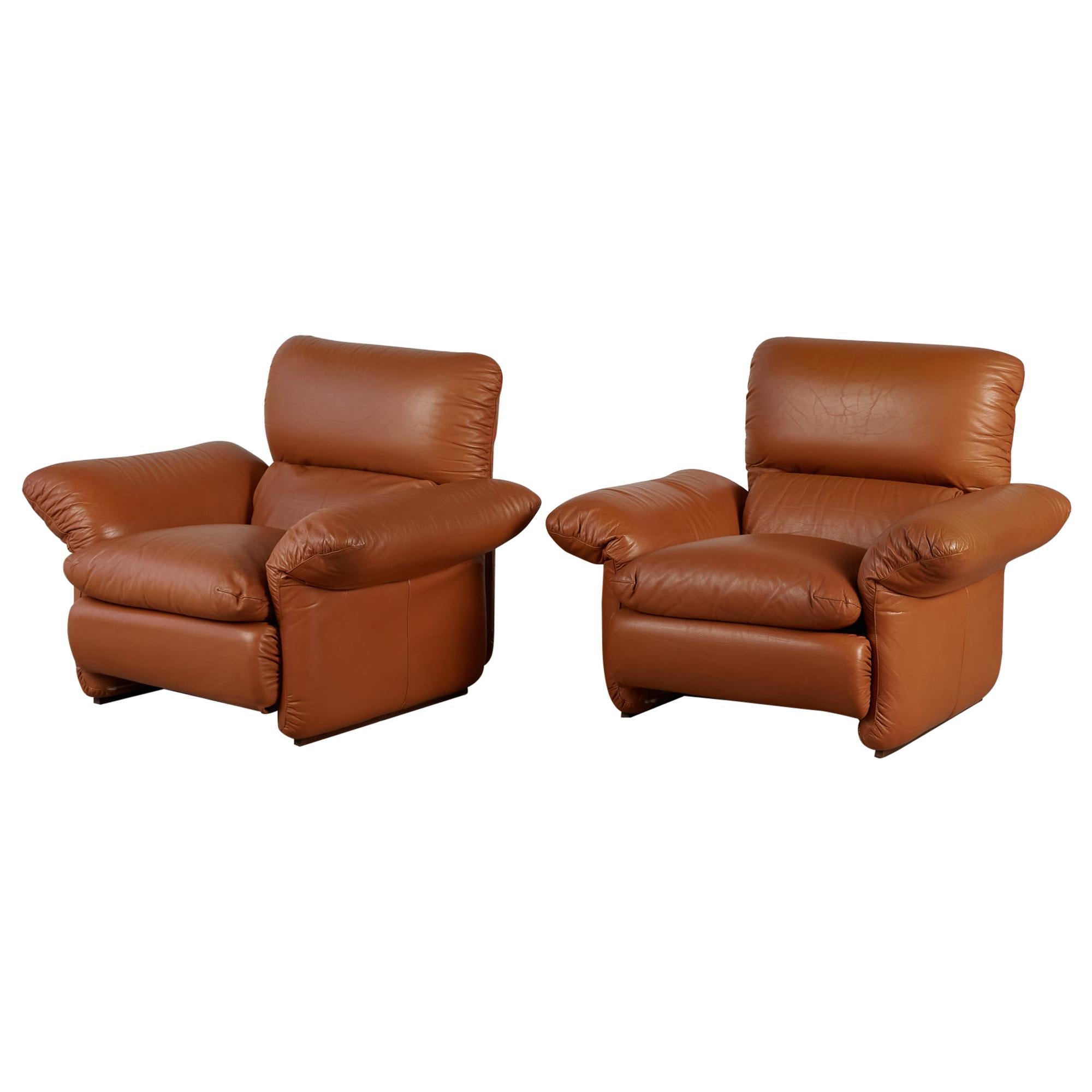 Italian Patinated Leather Lounge Chairs, Leather Lounge Sofa Pair