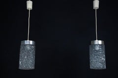 Pair of Italian Pendant Lights in Glass and Polished Aluminum, 1970s