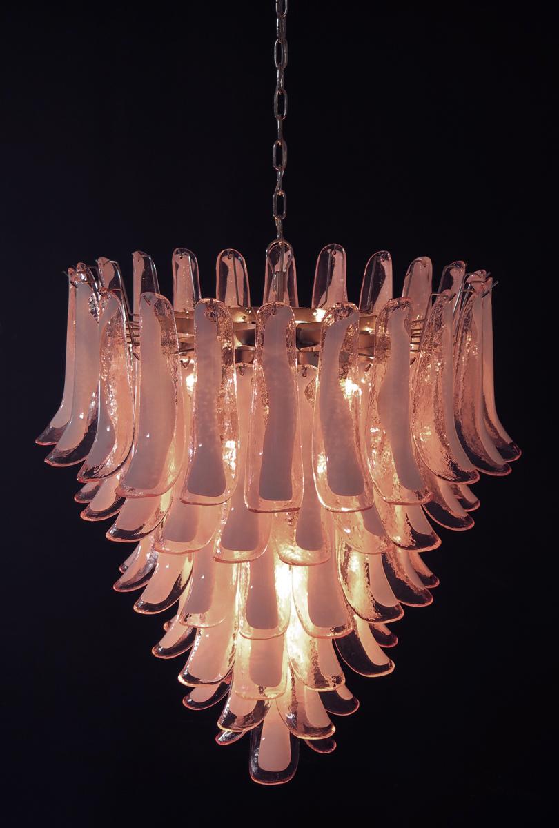 Fabulous Pair of Italian 75 Pink and White Petal Chandeliers, Murano For Sale 5