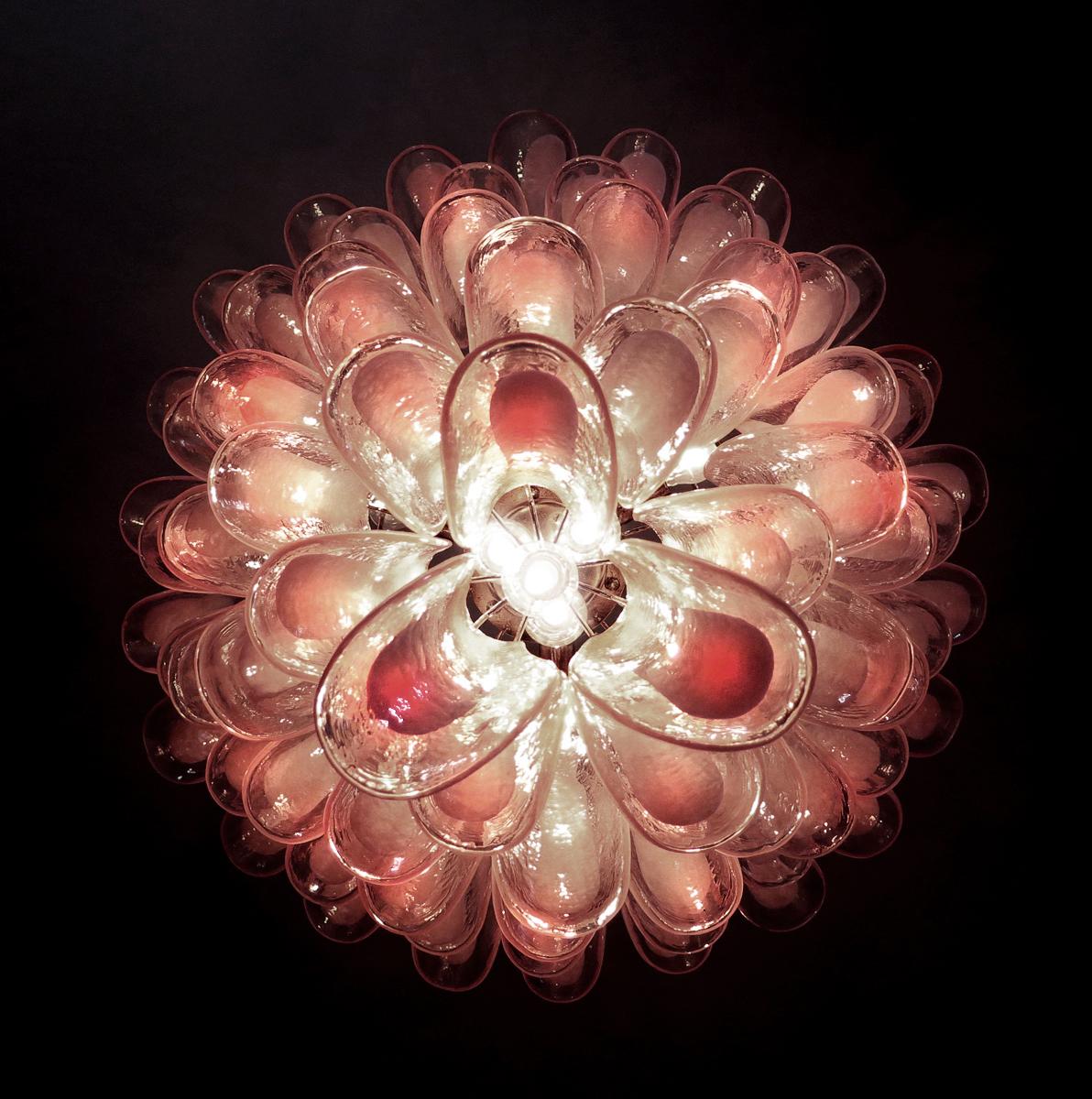 Fabulous Pair of Italian 75 Pink and White Petal Chandeliers, Murano For Sale 7