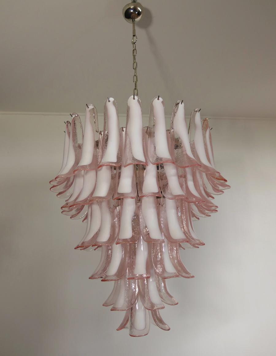 Metal Fabulous Pair of Italian 75 Pink and White Petal Chandeliers, Murano For Sale