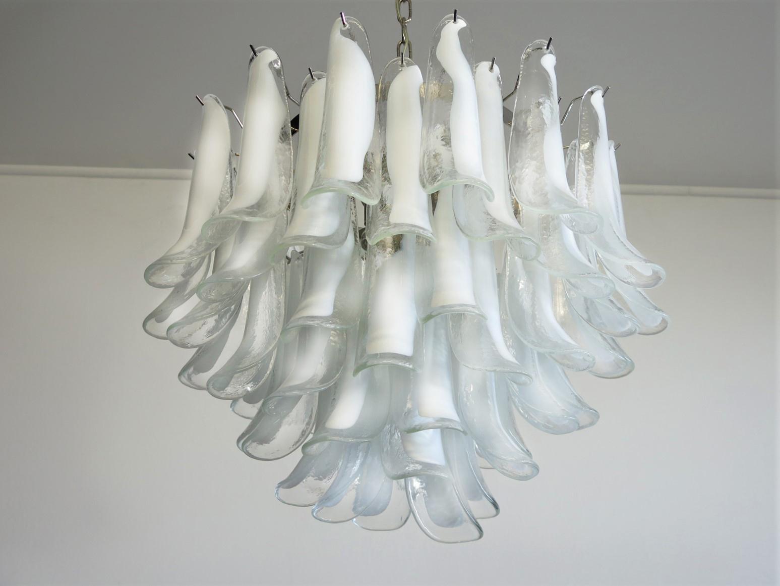 Pair of  Italian 53 White Petal Chandelier, Murano For Sale 1