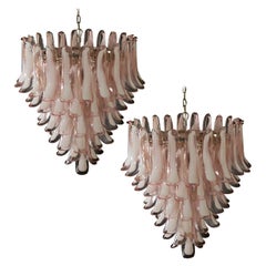 Fabulous Pair of Italian 75 Pink and White Petal Chandeliers, Murano