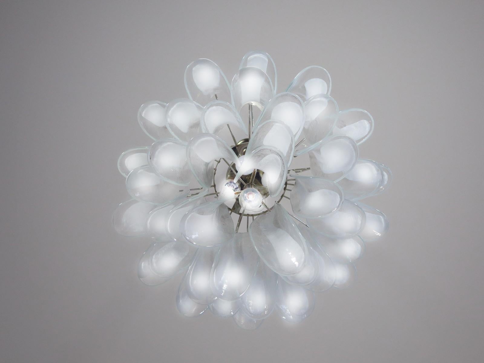 Pair of Italian 41 White Petal Murano Chandeliers, Mazzega Style For Sale 3