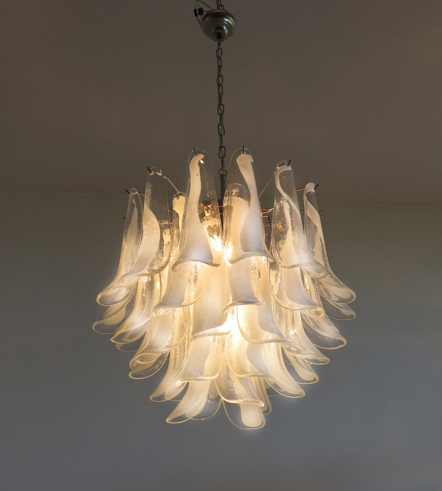 Pair of Italian 41 White Petal Murano Chandeliers, Mazzega Style For Sale 9