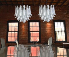 Pair of Italian 41 White Petal Murano Chandeliers, Mazzega Style