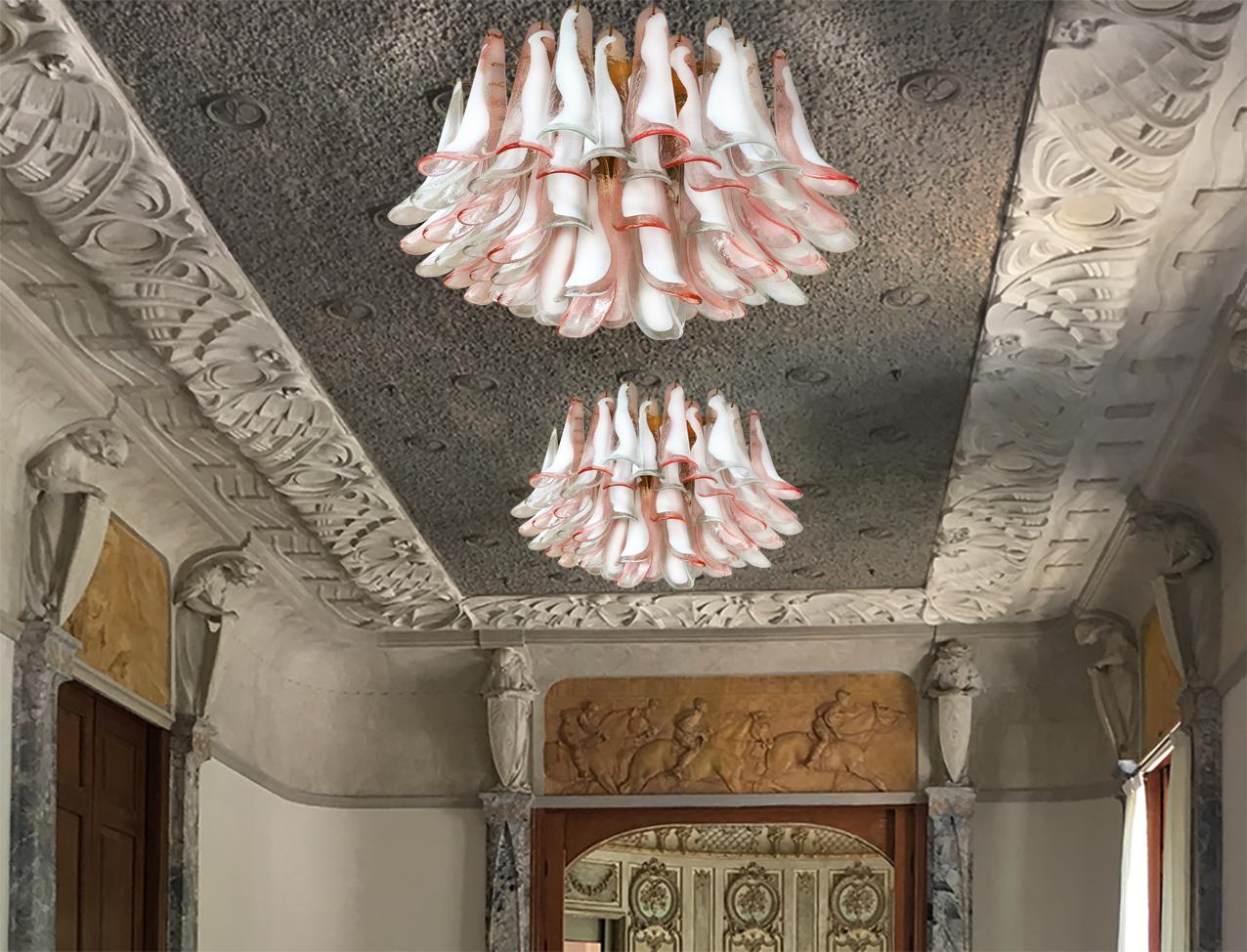 20th Century Pair of Italian 64 Petals Chandeliers Ceiling Light, Murano For Sale