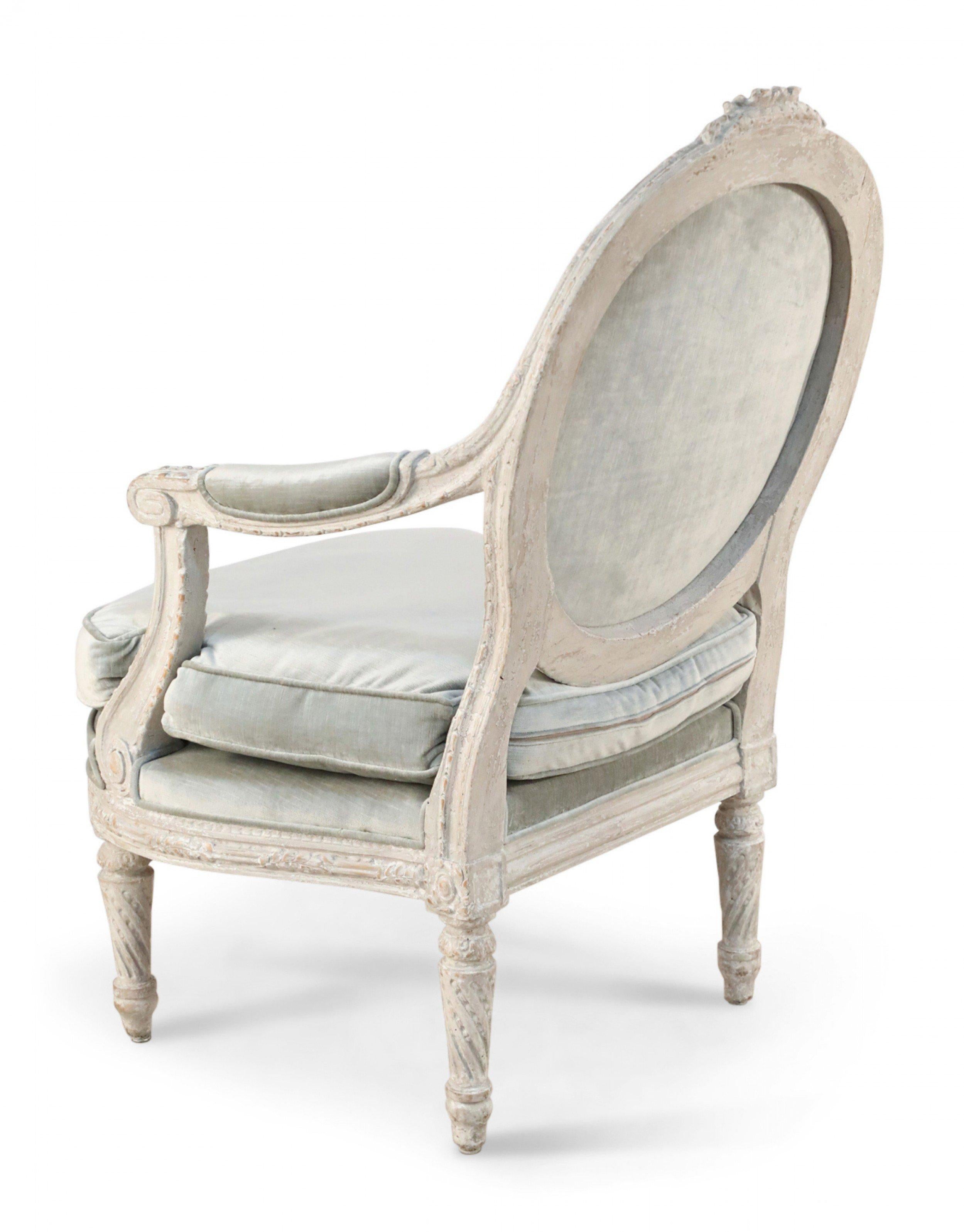 Neoclassical Pair of Italian Piedmontese Rounded Back Carved and Upholstered Armchairs For Sale