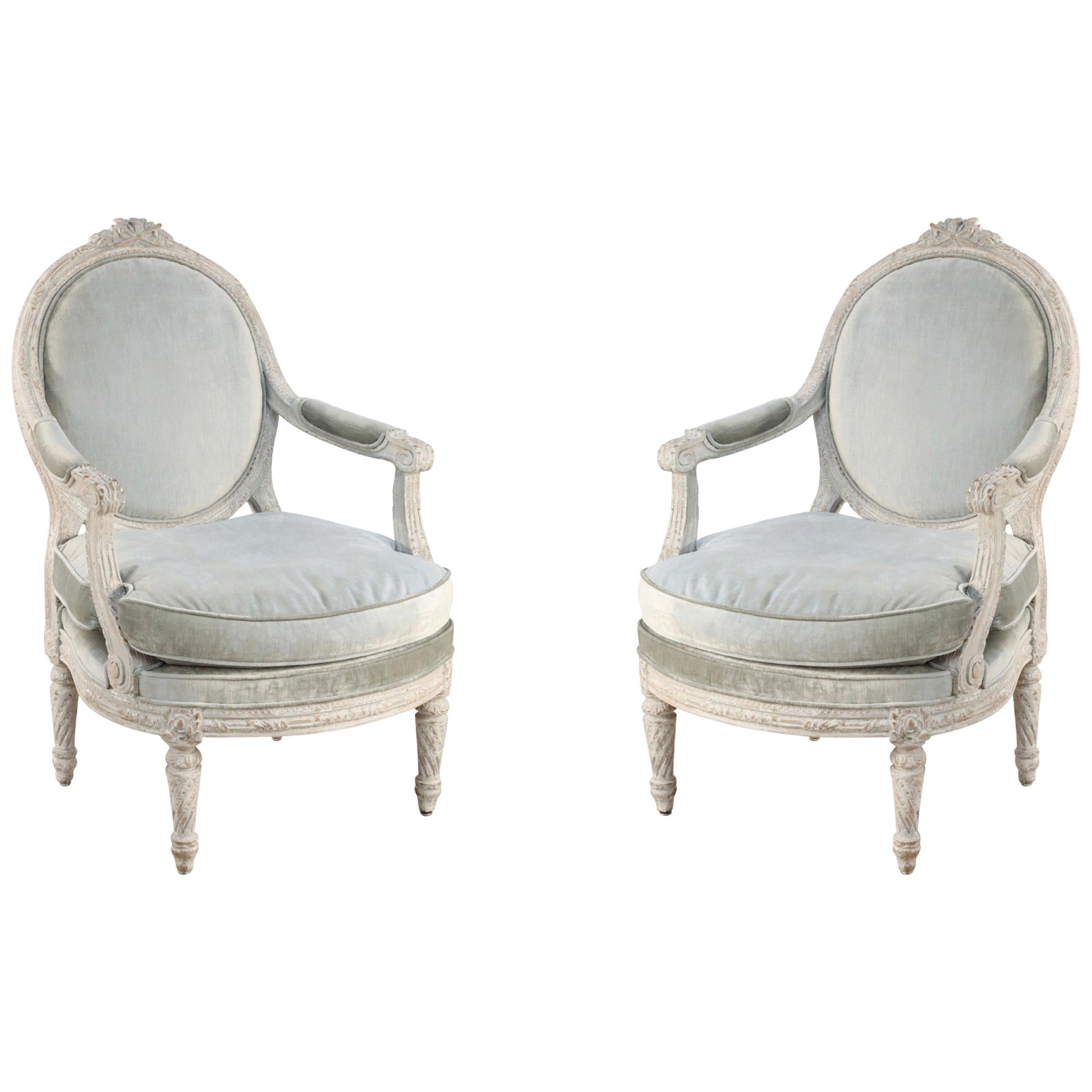 Pair of Italian Piedmontese Rounded Back Carved and Upholstered Armchairs