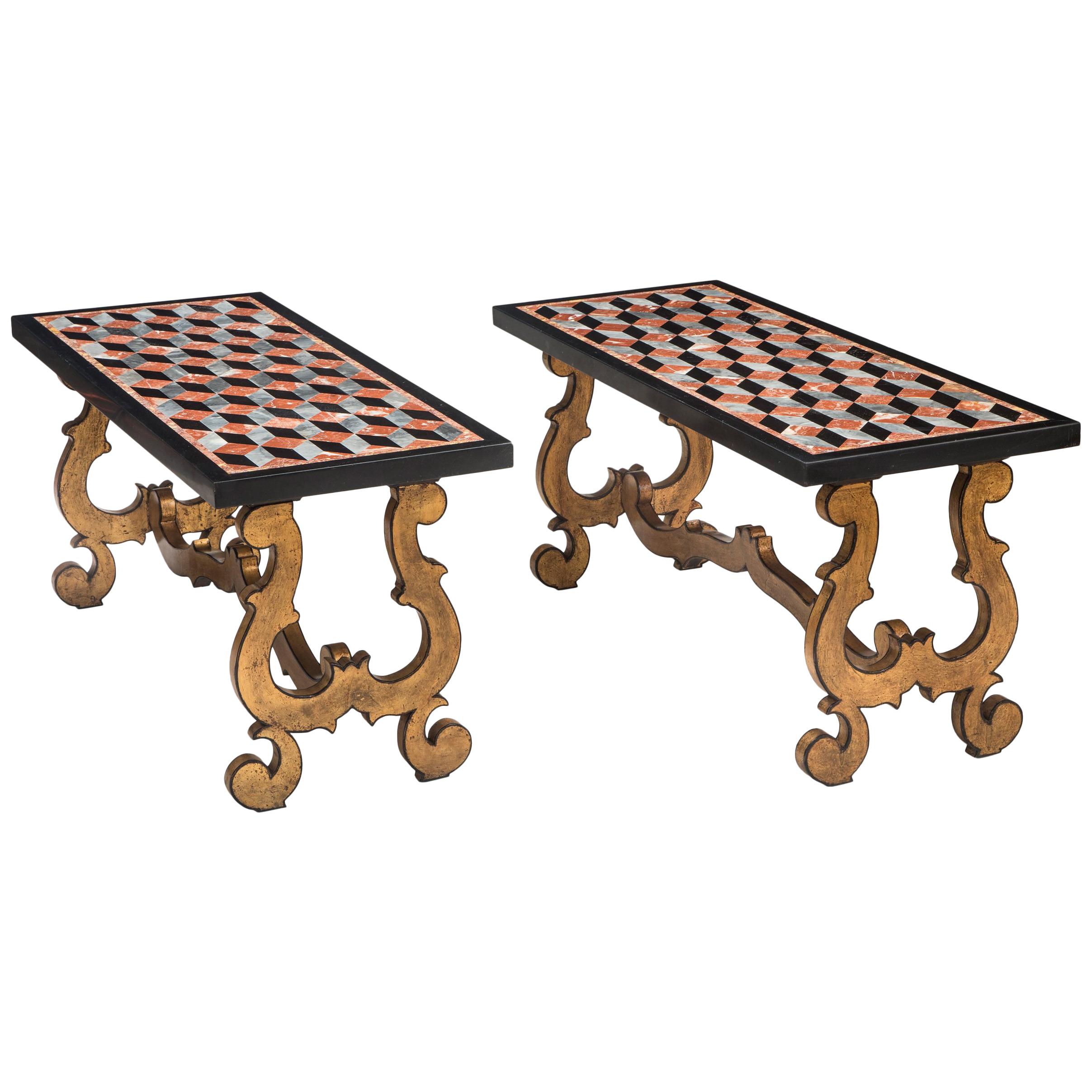 Pair of Italian Pietra Dura Marbles, Now with Later Coffee Table Bases