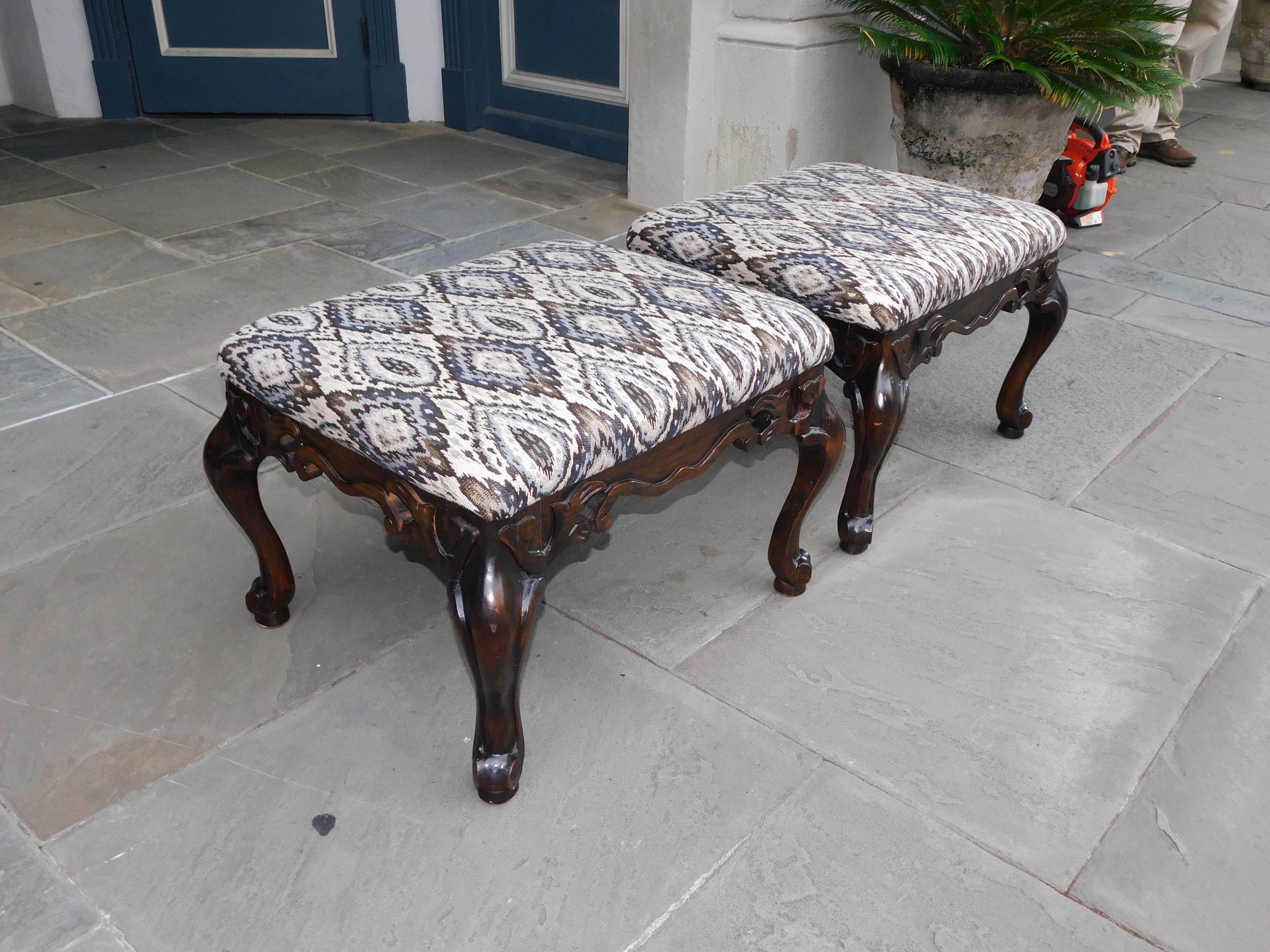 Hand-Carved Pair of Italian Baroque Style Upholstered Benches with Cabriole Legs C. 1880 For Sale