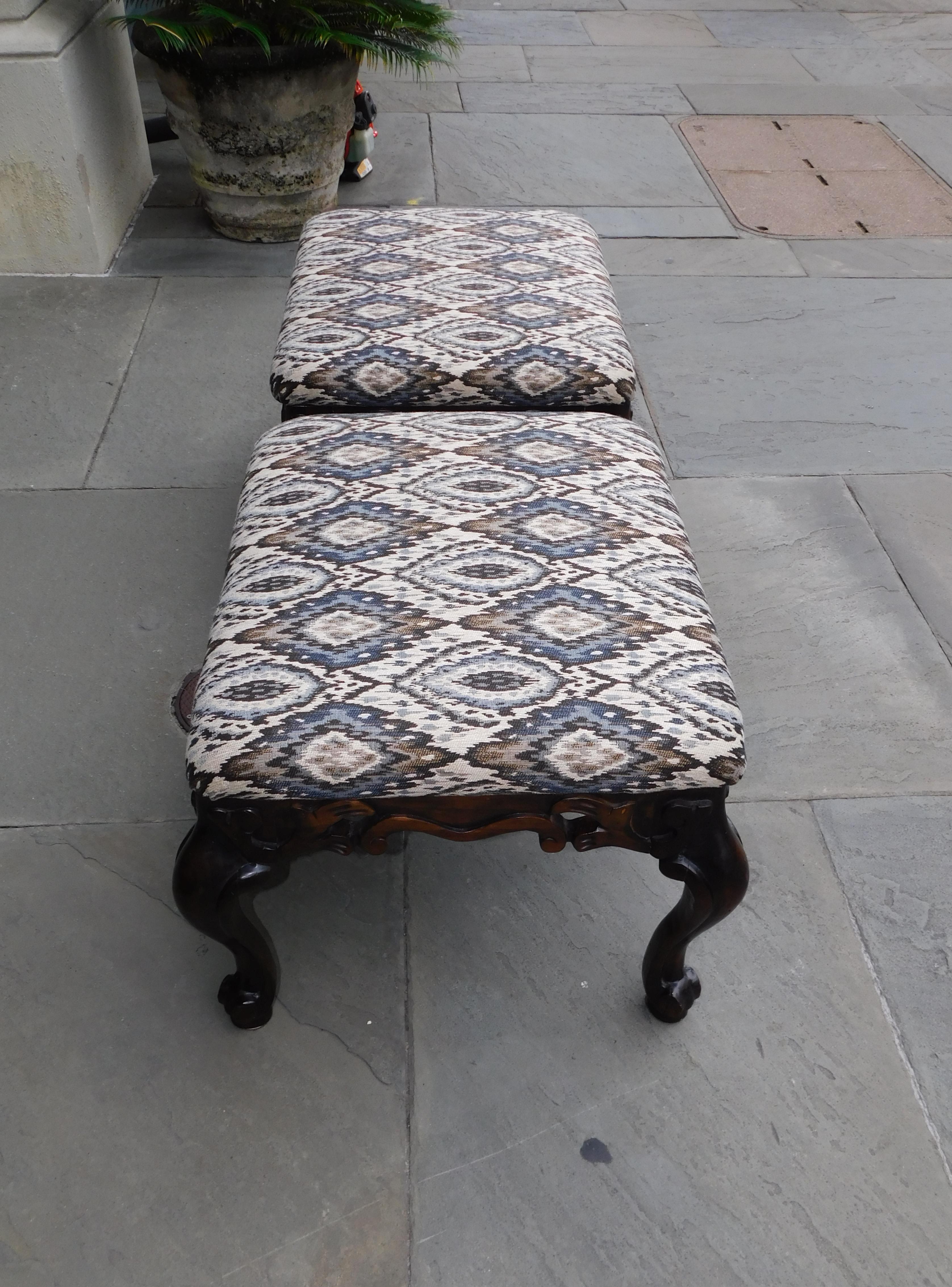 Late 19th Century Pair of Italian Baroque Style Upholstered Benches with Cabriole Legs C. 1880 For Sale