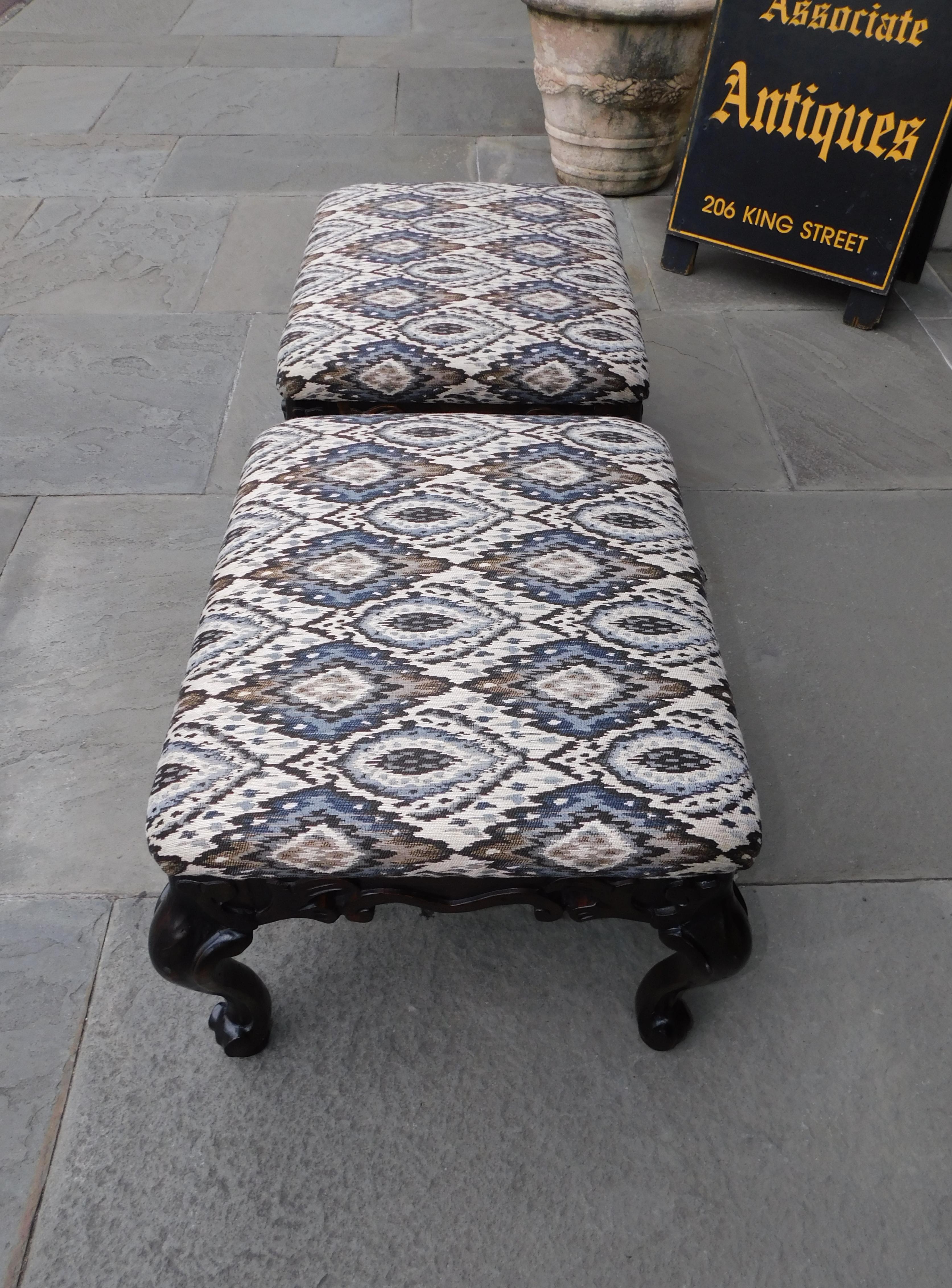 Upholstery Pair of Italian Baroque Style Upholstered Benches with Cabriole Legs C. 1880 For Sale