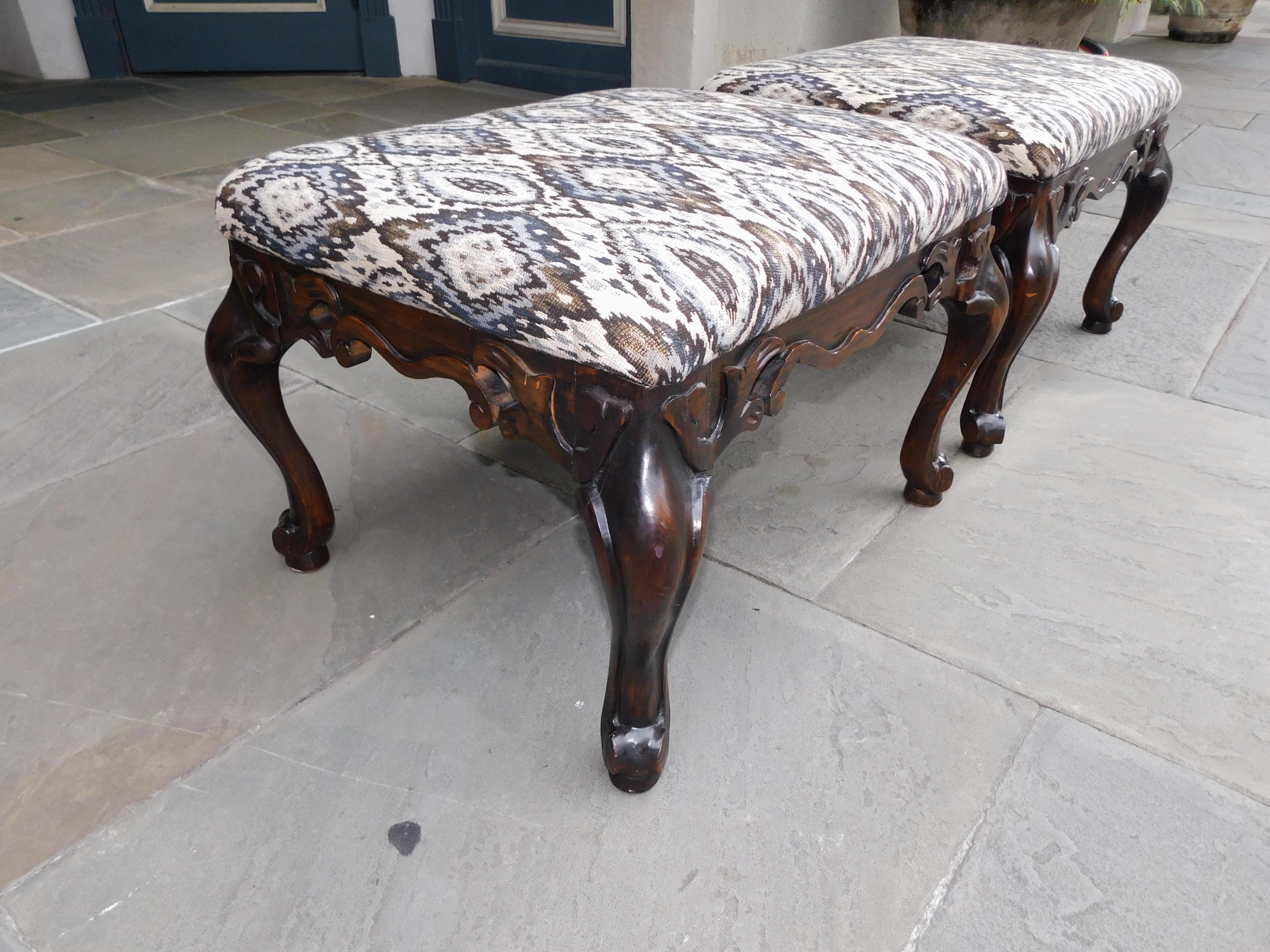 Pair of Italian Baroque Style Upholstered Benches with Cabriole Legs C. 1880 For Sale 1