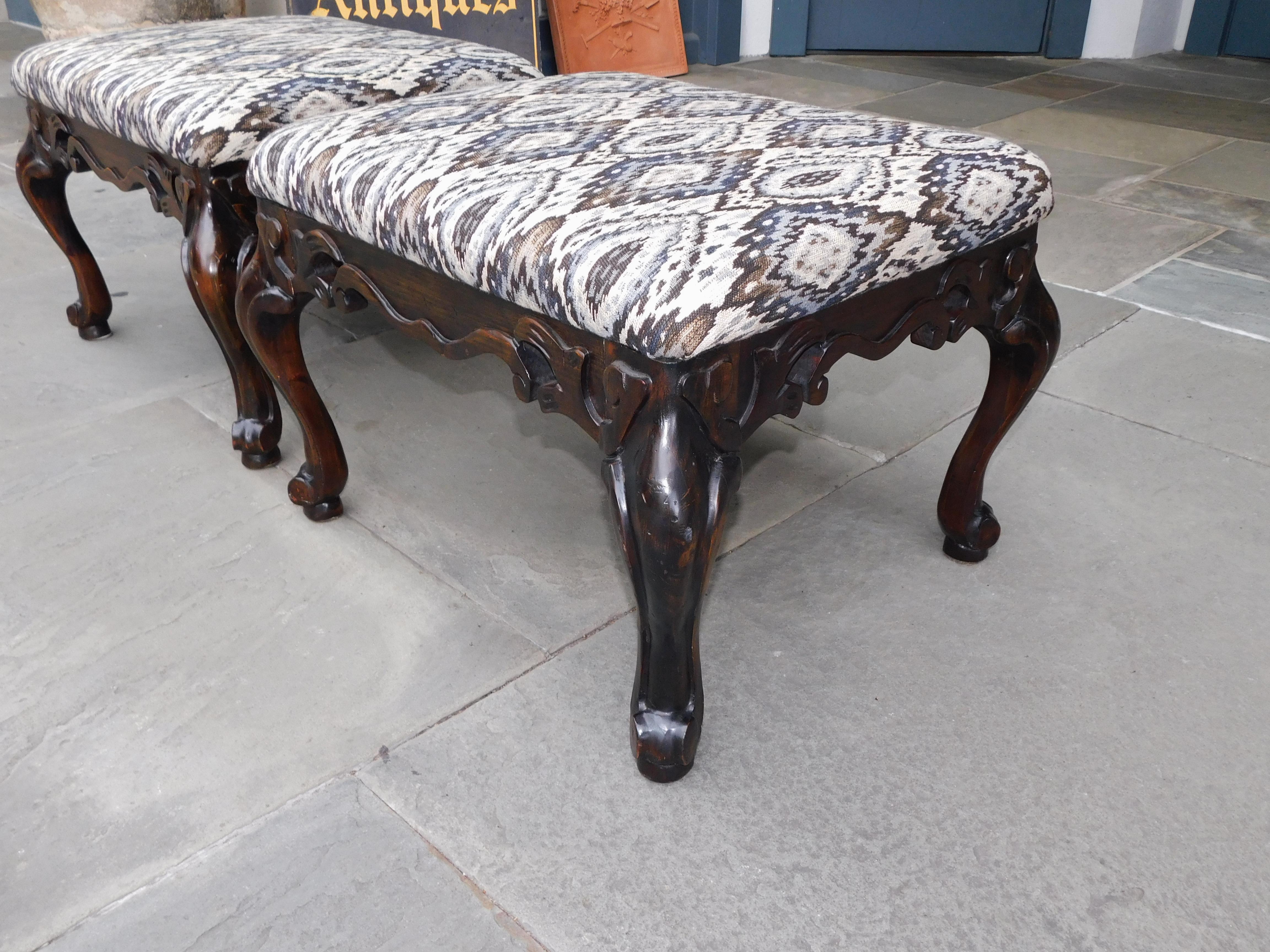 Pair of Italian Baroque Style Upholstered Benches with Cabriole Legs C. 1880 For Sale 2