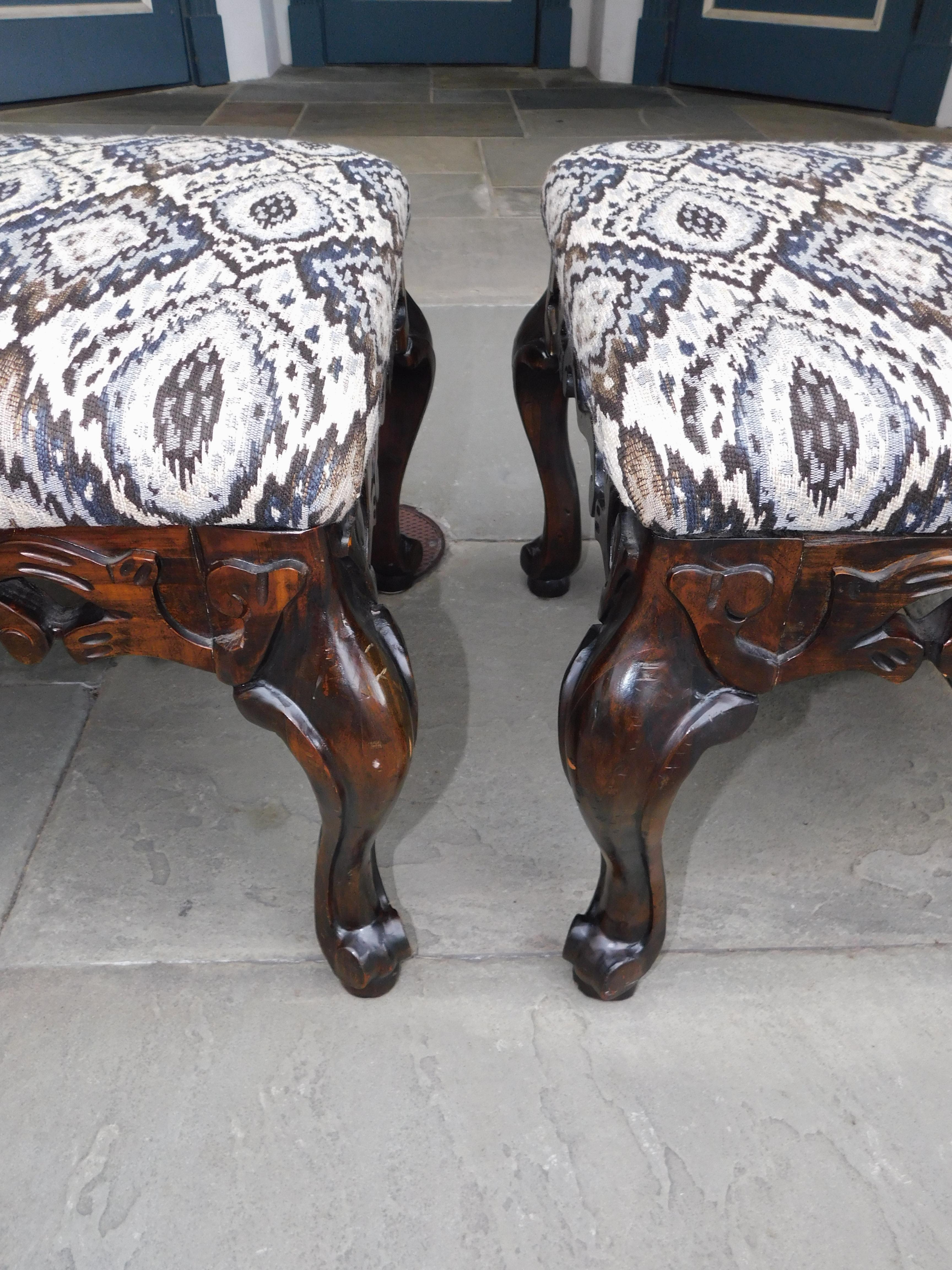 Pair of Italian Baroque Style Upholstered Benches with Cabriole Legs C. 1880 For Sale 3