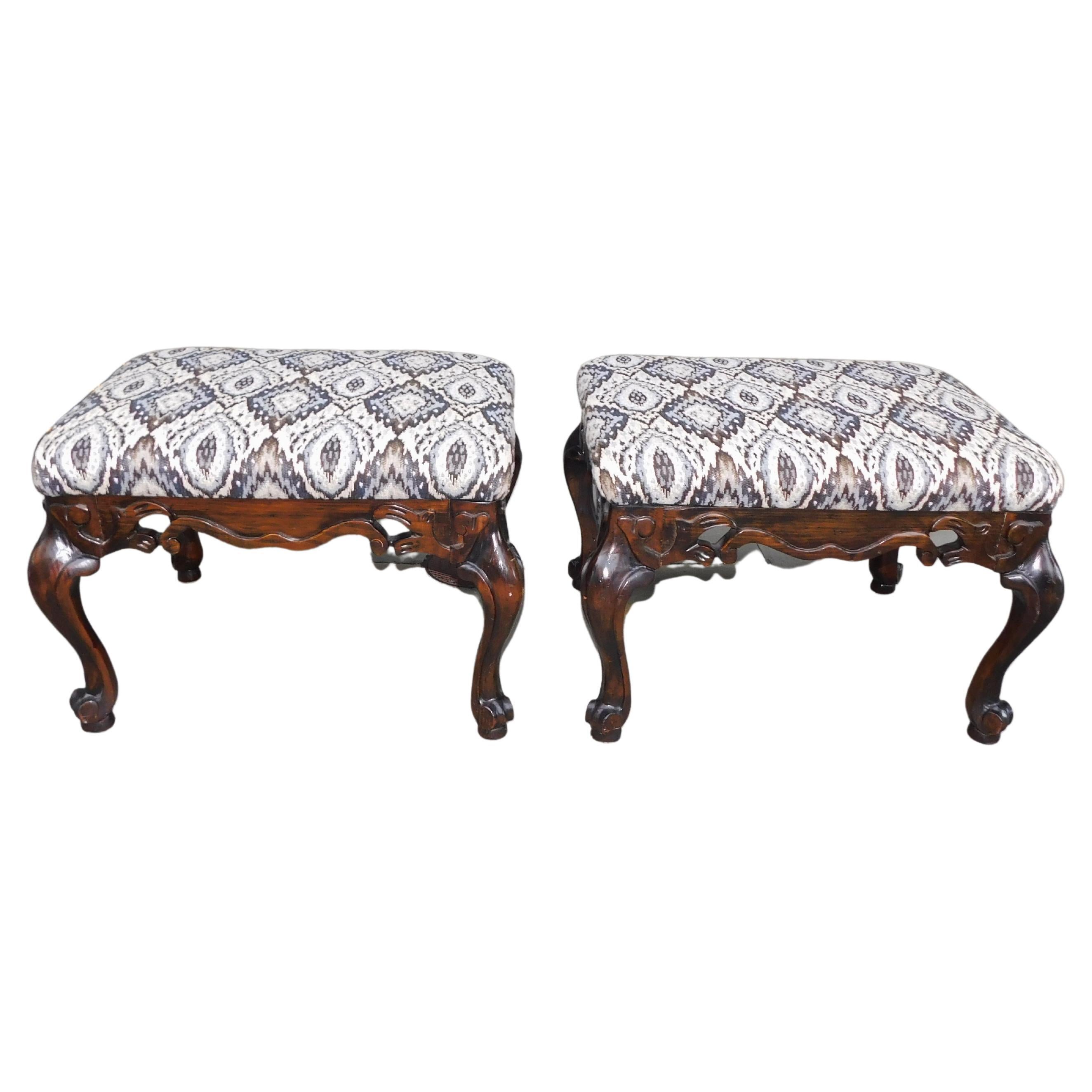 Pair of Italian Baroque Style Upholstered Benches with Cabriole Legs C. 1880 For Sale