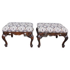Pair of Italian Pine Baroque Style Upholstered Benches with Cabriole Legs C 1880