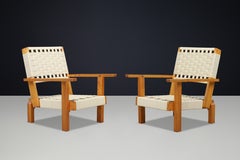 Pair of Italian Pine & Woven Cord Lounge Chairs, 1970s