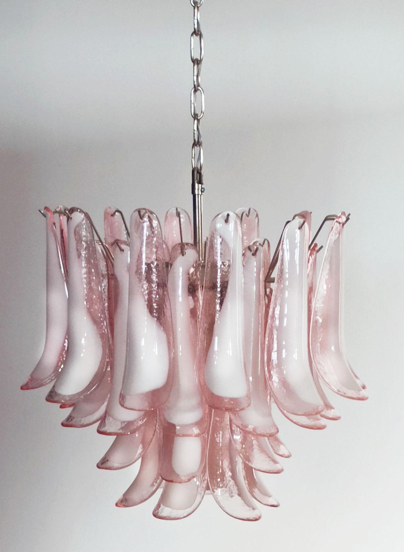 Pair of Italian 36  Pink and White Petals Chandeliers Ceiling Light, Murano For Sale 5