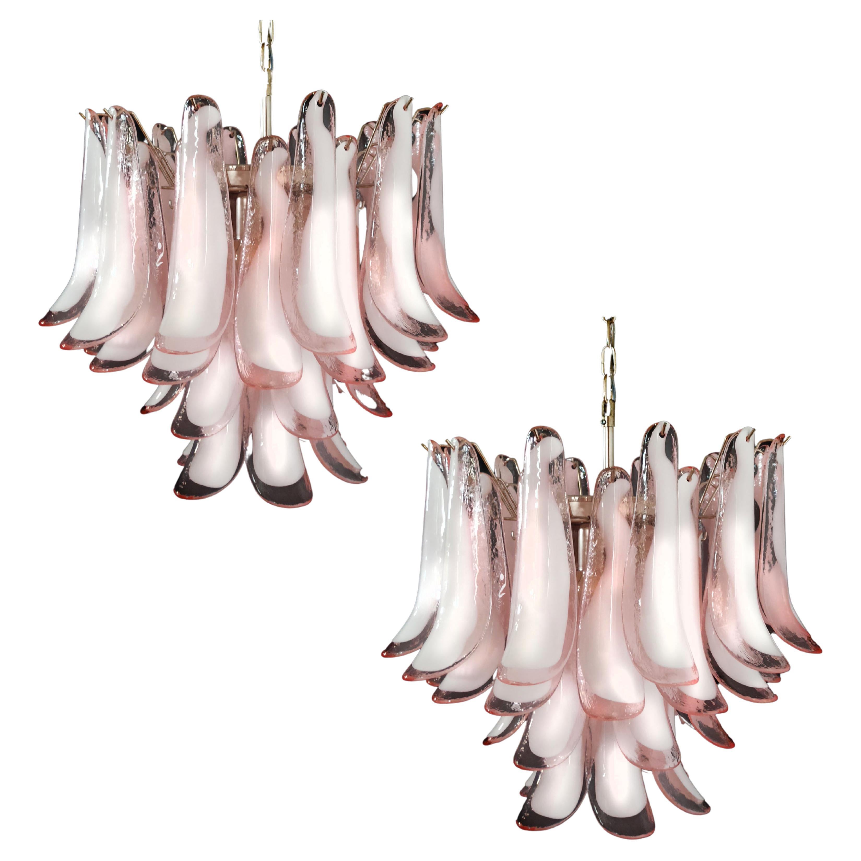 Pair of Italian 36  Pink and White Petals Chandeliers Ceiling Light, Murano For Sale
