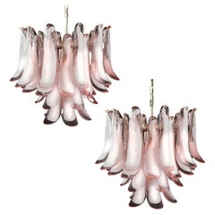 Pair of Italian Pink and White Petals Chandeliers Ceiling Light, Murano