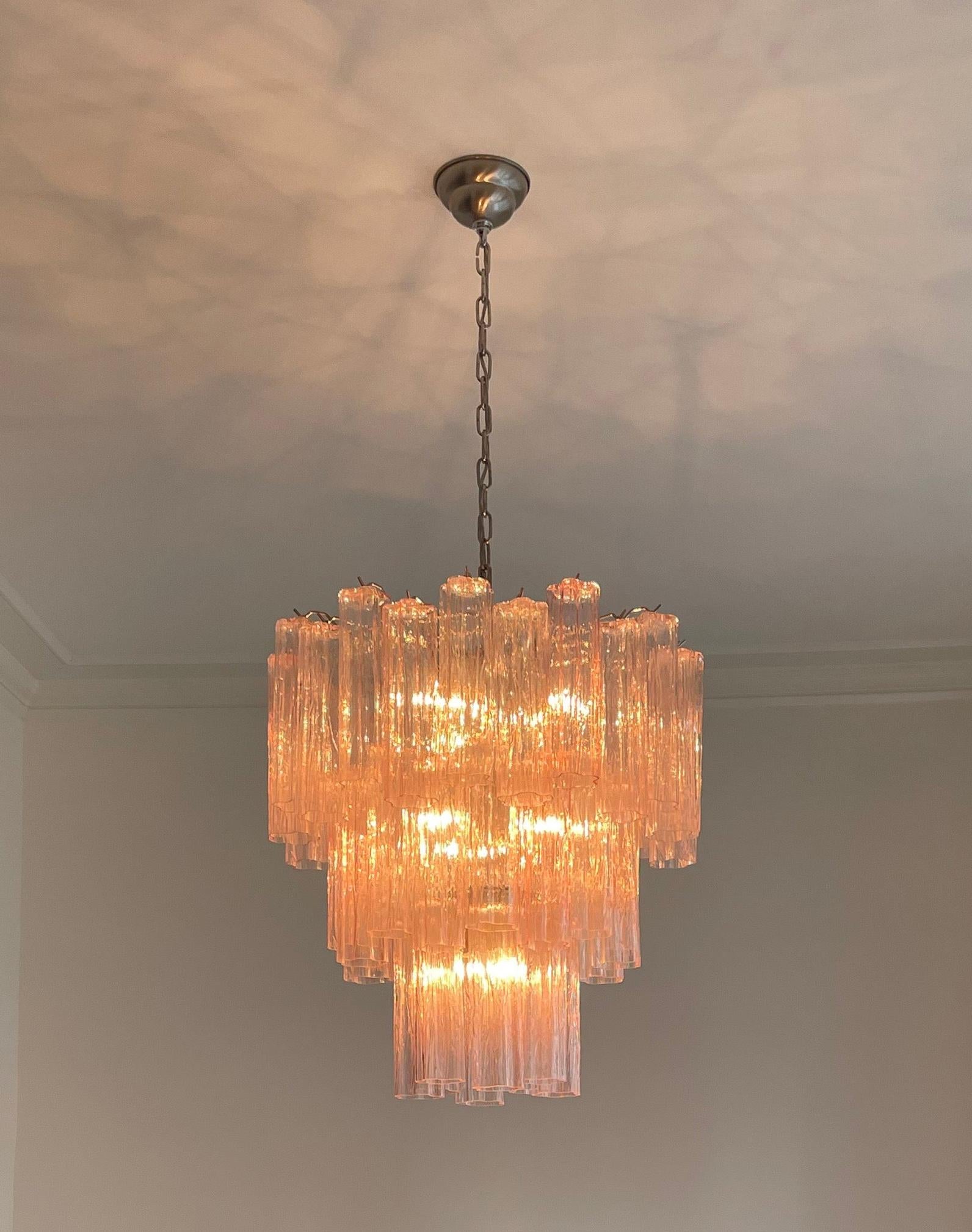 Pair of Italian 36 Pink Glass Tube Chandeliers, Murano, 1970s For Sale 2
