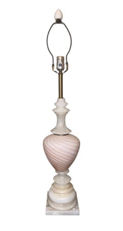 Pair of Italian Pink Murano Glass & Alabaster Lamps. Mid-20th Century.
