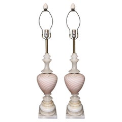 Pair of Italian Pink Murano Glass & Alabaster Lamps. Mid-20th Century.