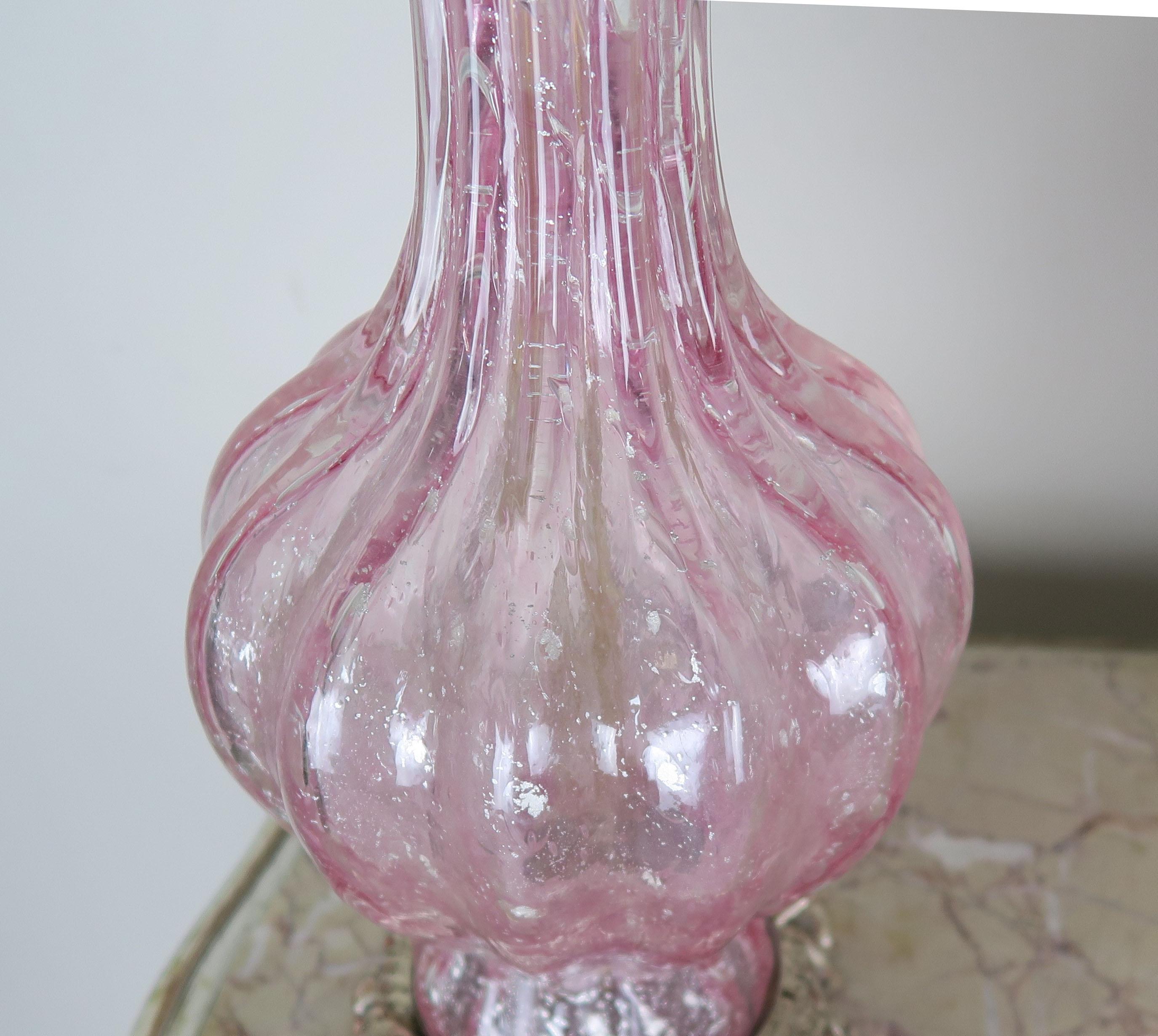 Pair of Italian Pink Murano Glass Lamps with Parchment Shades 1