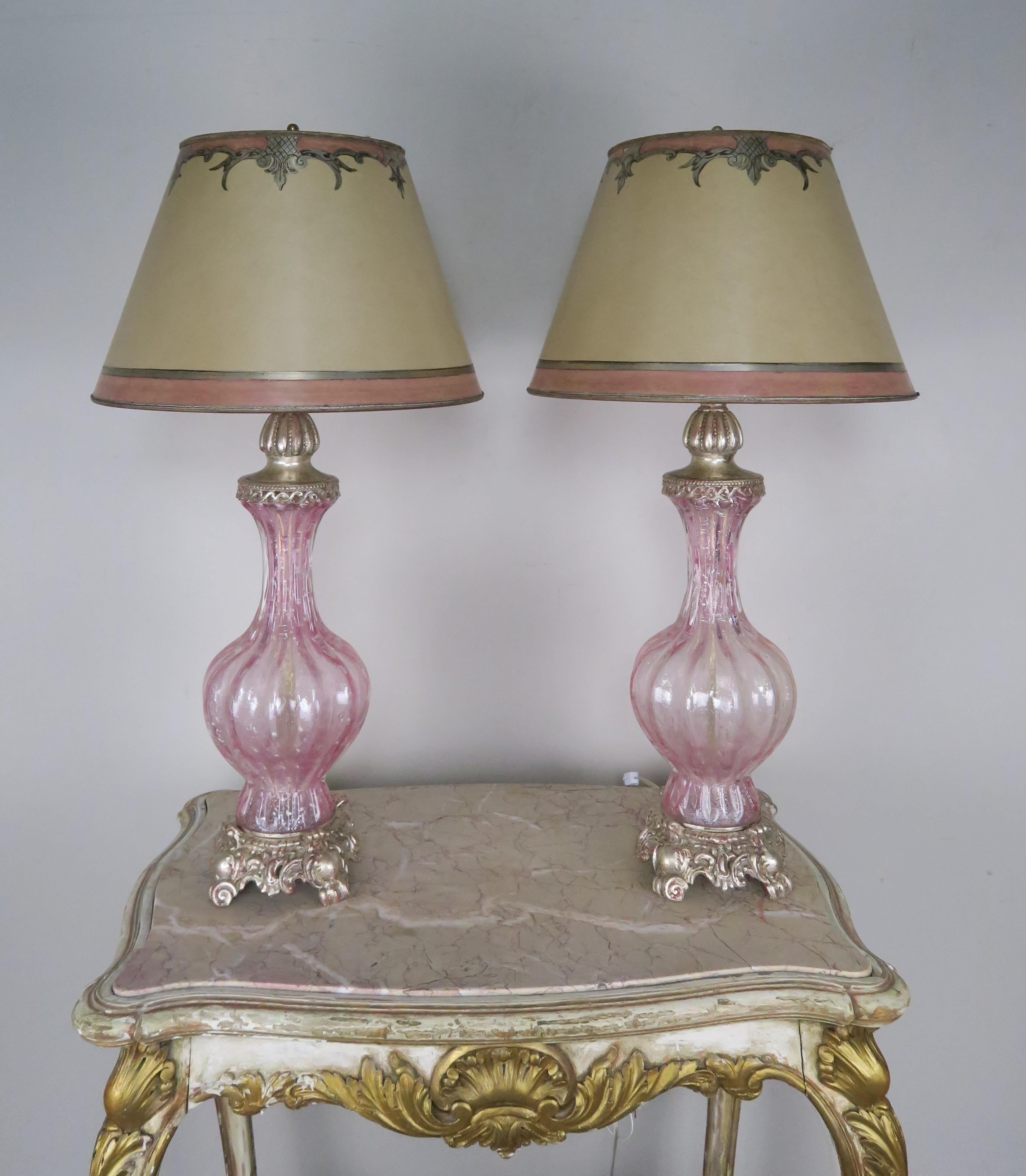 Pair of Italian Pink Murano Glass Lamps with Parchment Shades 2