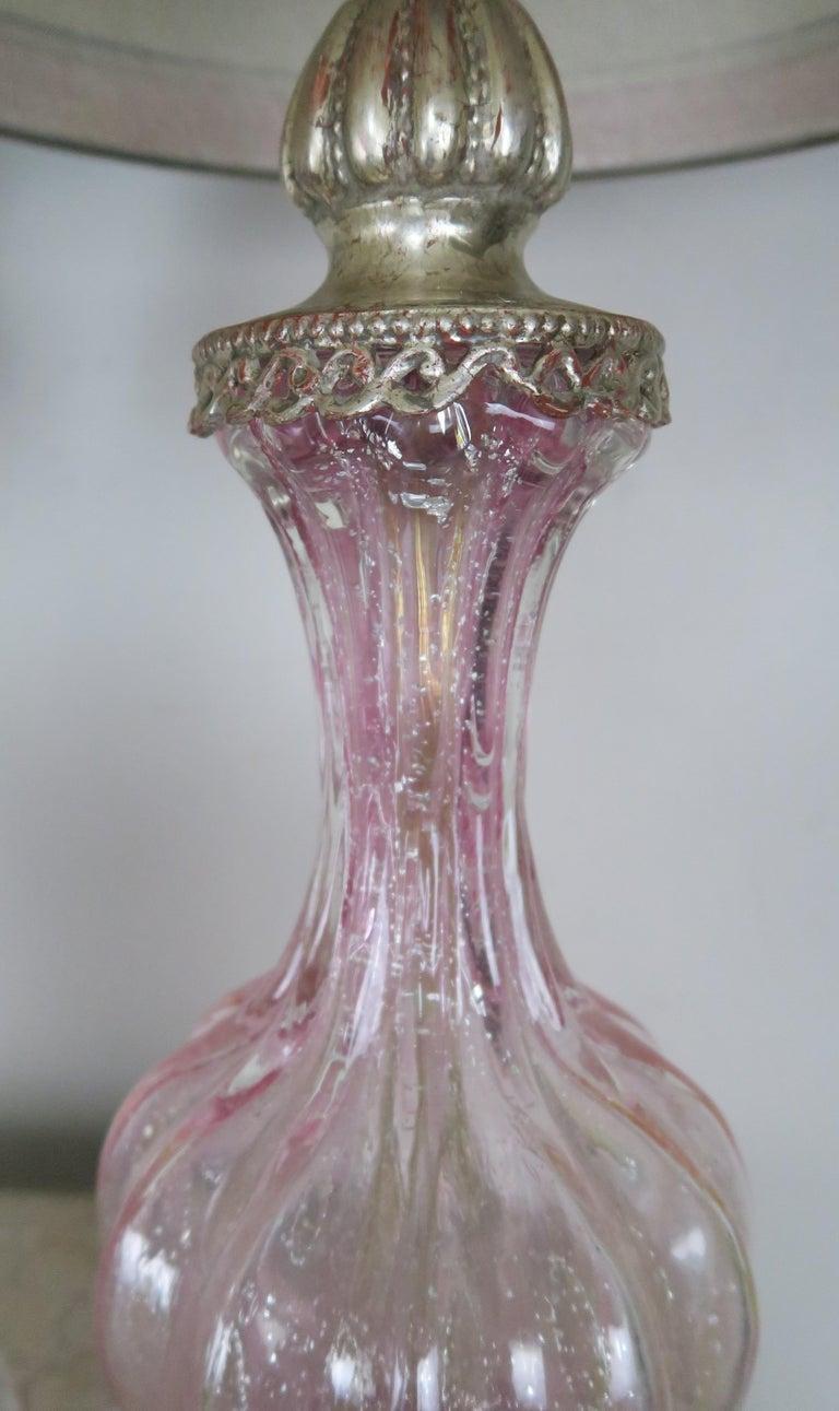 Gilt Pair of Italian Pink Murano Glass Lamps with Parchment Shades For Sale