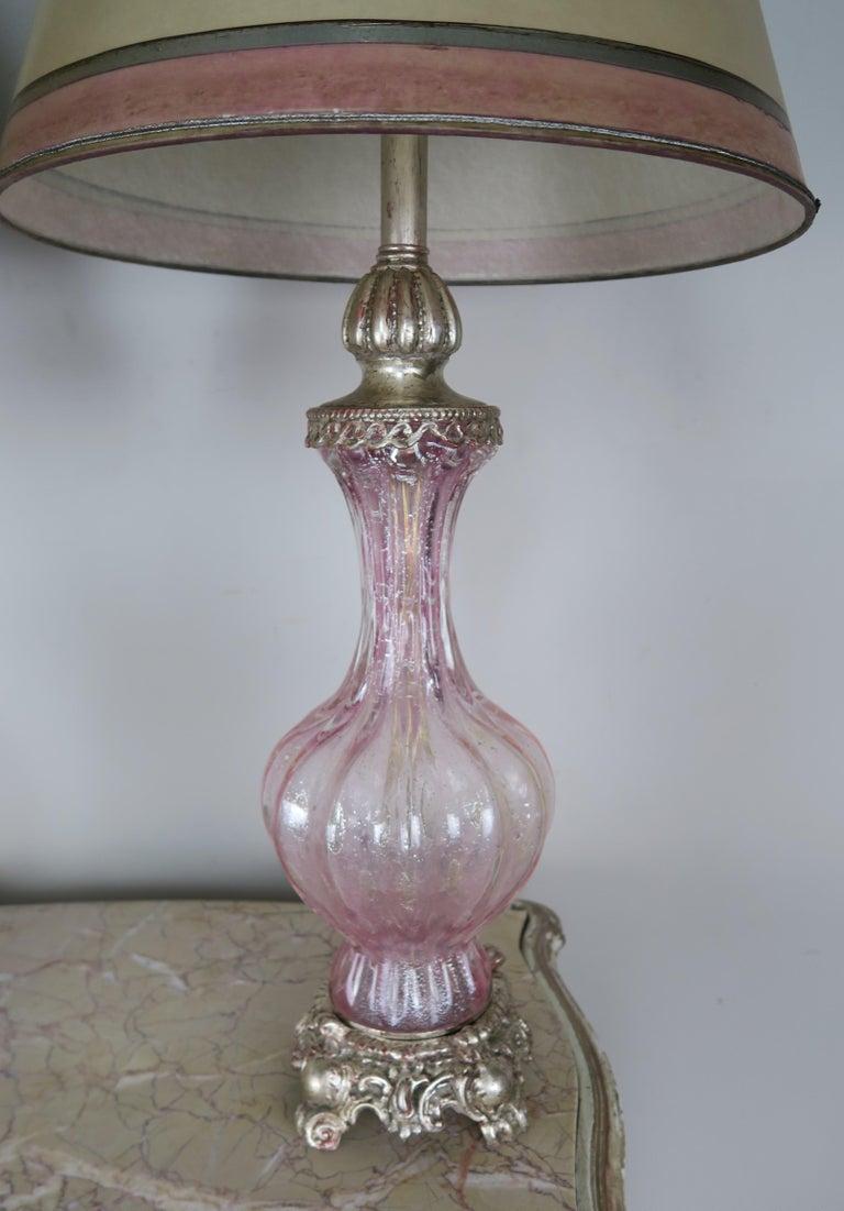 Pair of Italian Pink Murano Glass Lamps with Parchment Shades In Excellent Condition For Sale In Los Angeles, CA