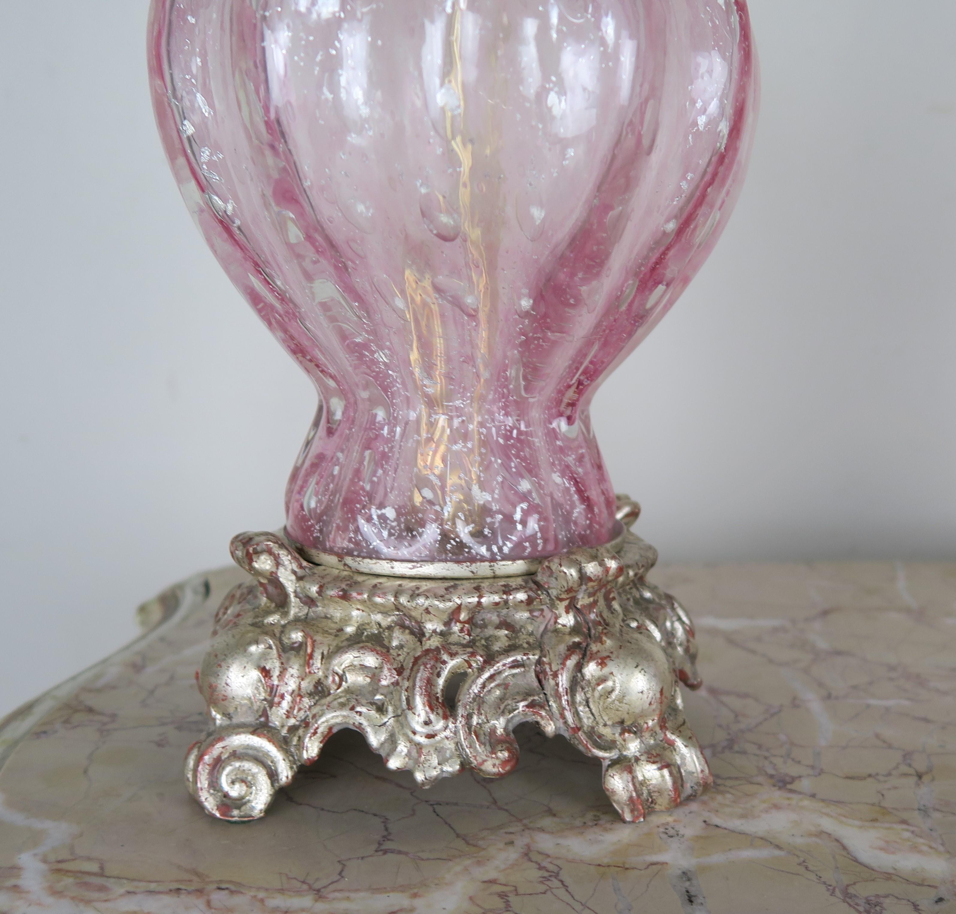 Gilt Pair of Italian Pink Murano Glass Lamps with Parchment Shades