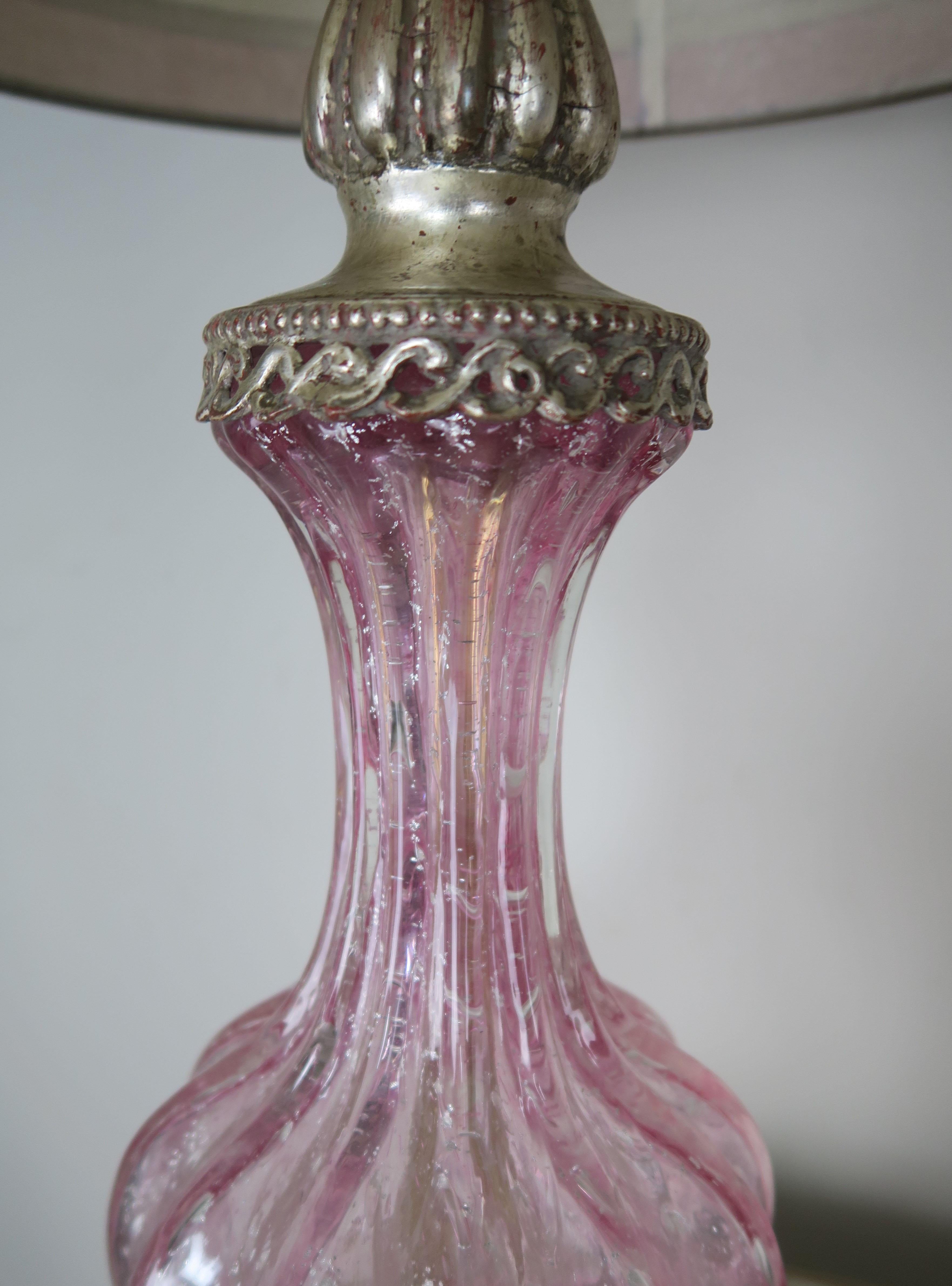 Pair of Italian Pink Murano Glass Lamps with Parchment Shades In Excellent Condition In Los Angeles, CA