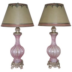 Pair of Italian Pink Murano Glass Lamps with Parchment Shades